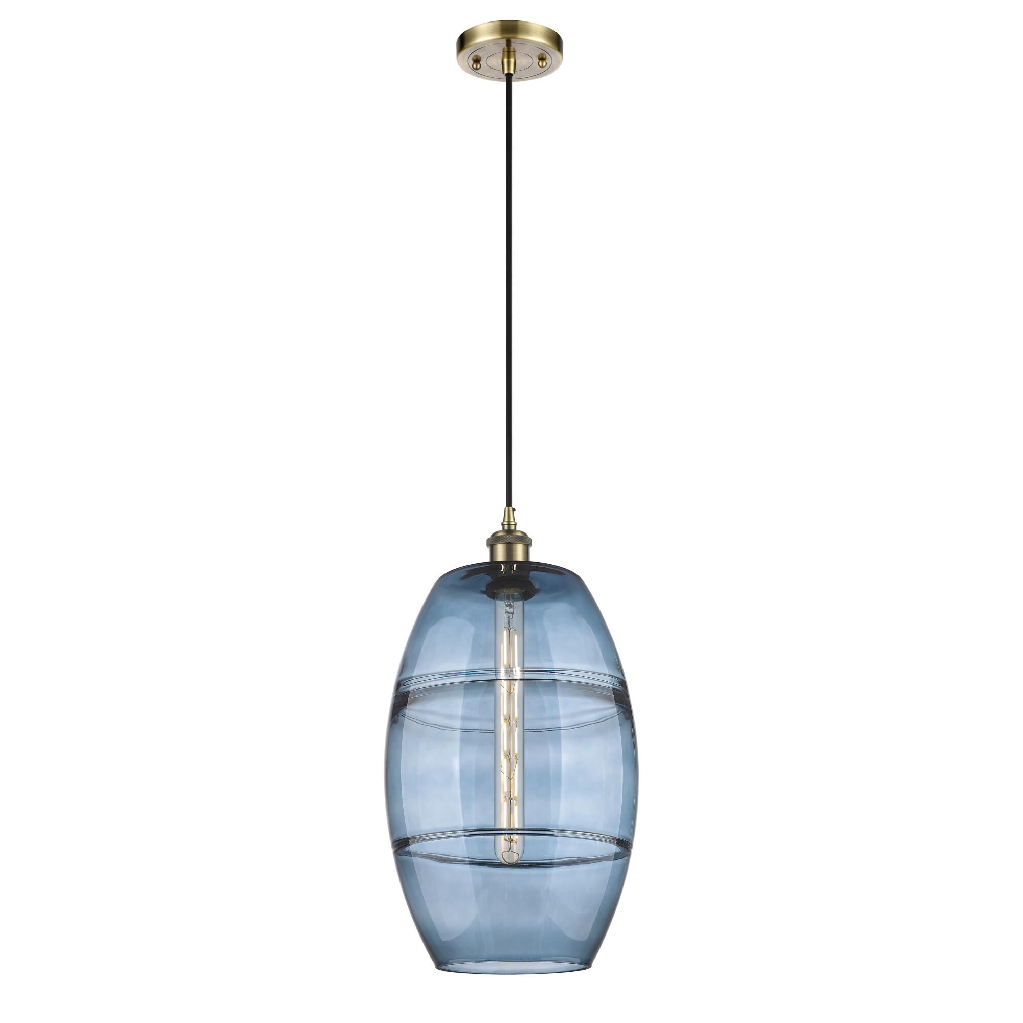 Shown in Antique Brass finish and Princess Blue glass