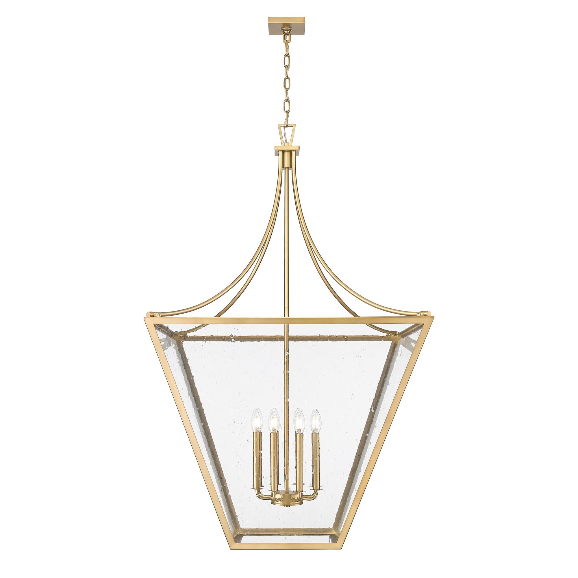 Shown in Rubbed Brass finish and Clear Seedy glass