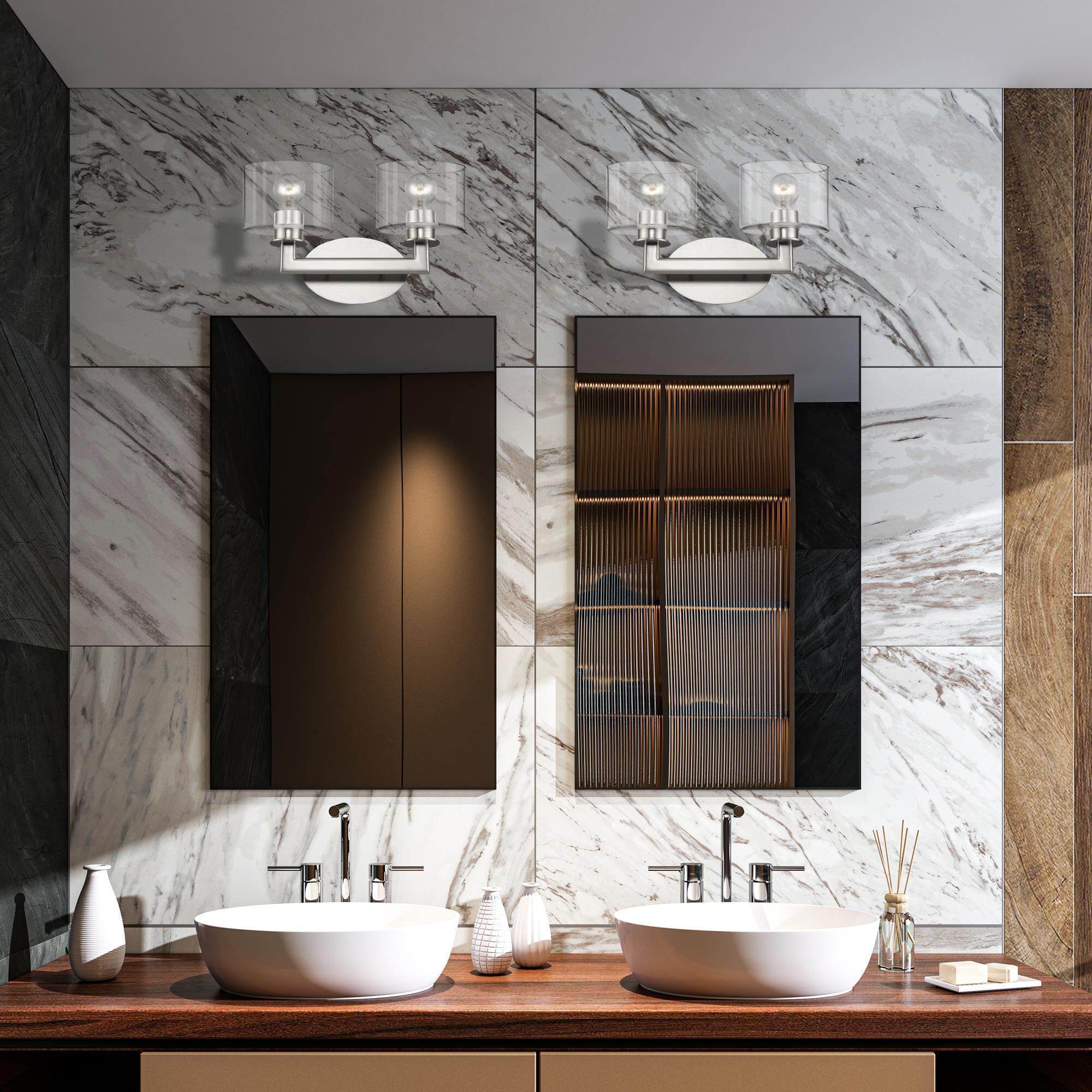 Shown in Brushed Nickel finish and Mouth Blown Clear glass