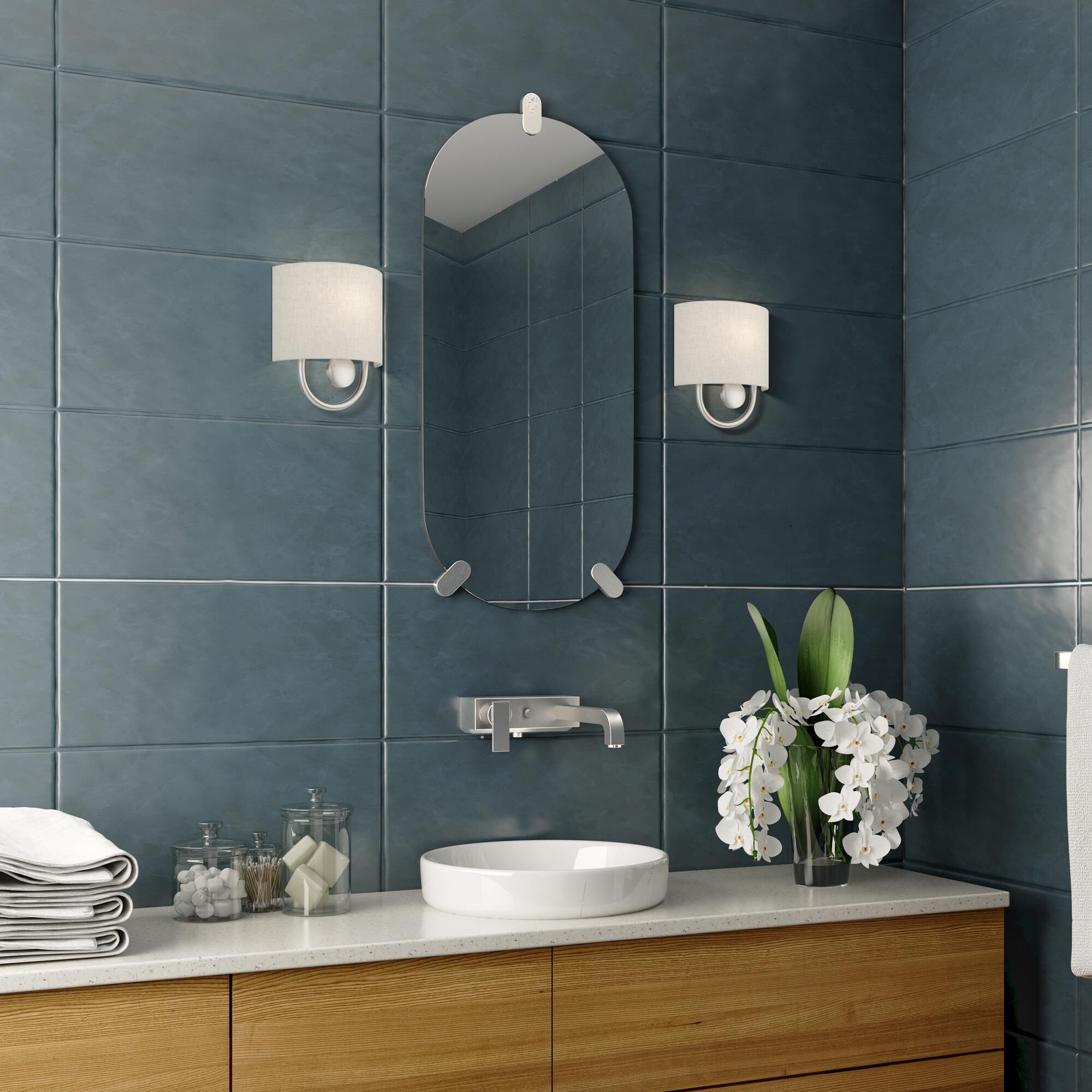 Shown in Brushed Nickel finish and Hand Crafted Oatmeal Color Fabric Hardback with White Fabric Inside shade