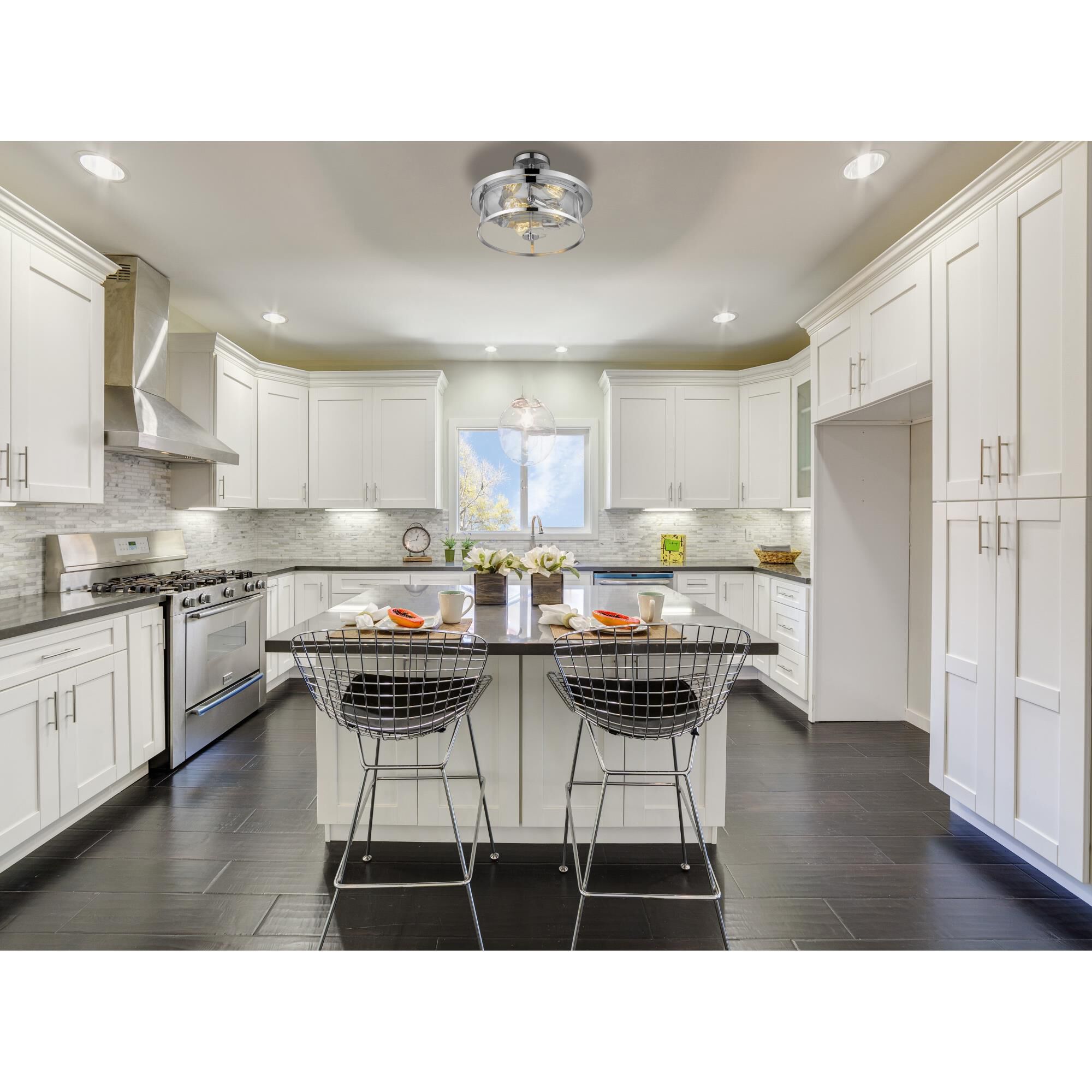 Shown in Chrome finish and Glass shade