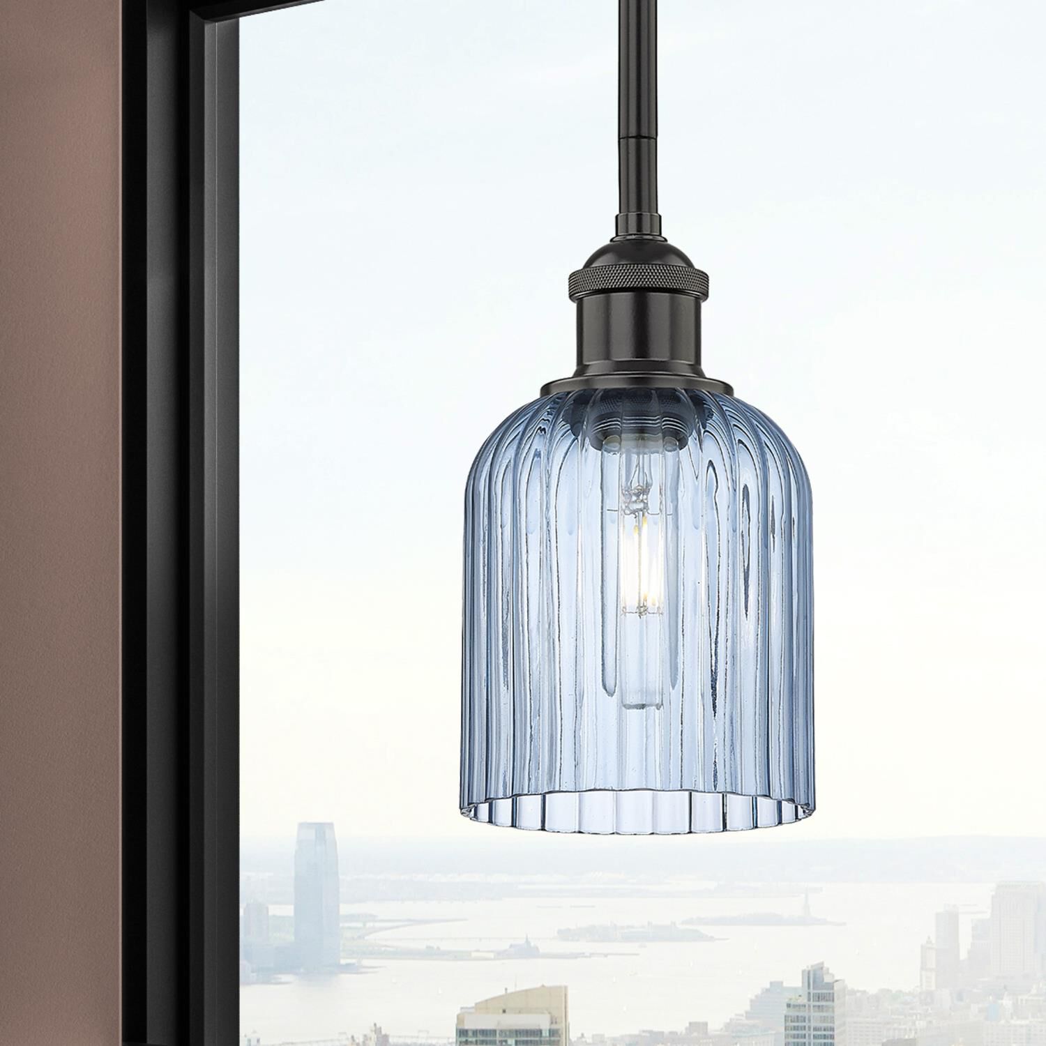 Shown in Matte Black finish and Princess Blue glass