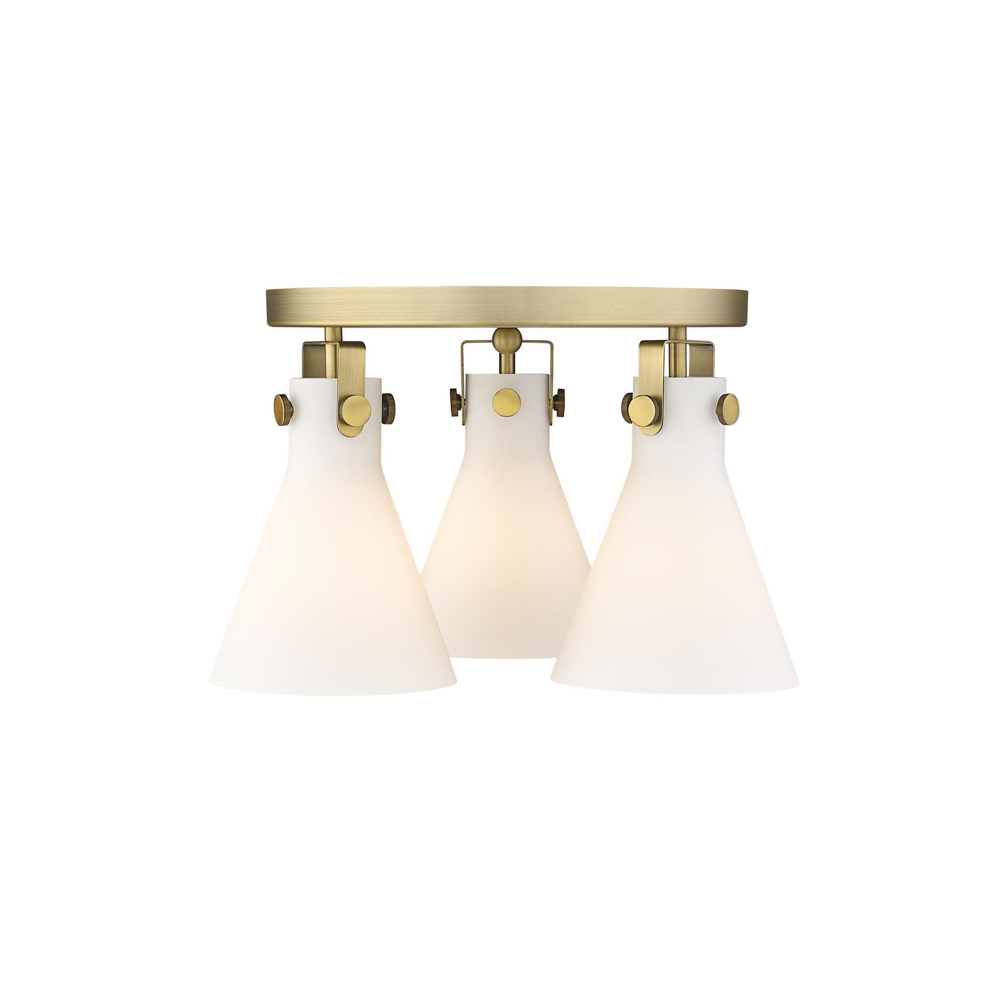 Shown in Brushed Brass finish and Matte White glass