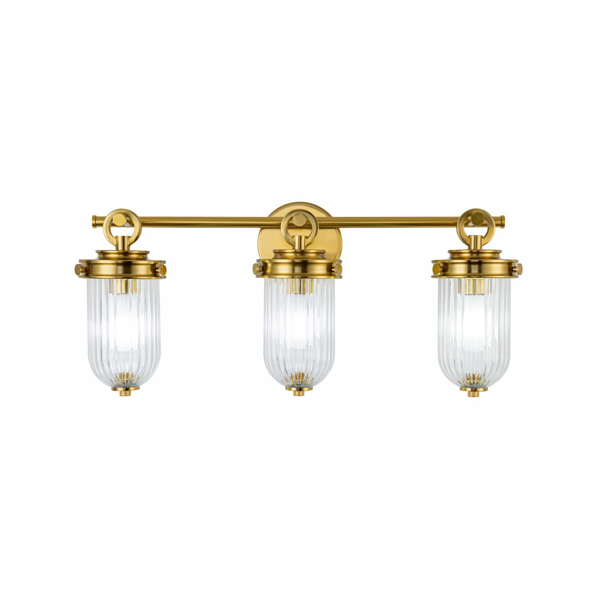 Shown in Vintage Brass finish and Ribbed glass