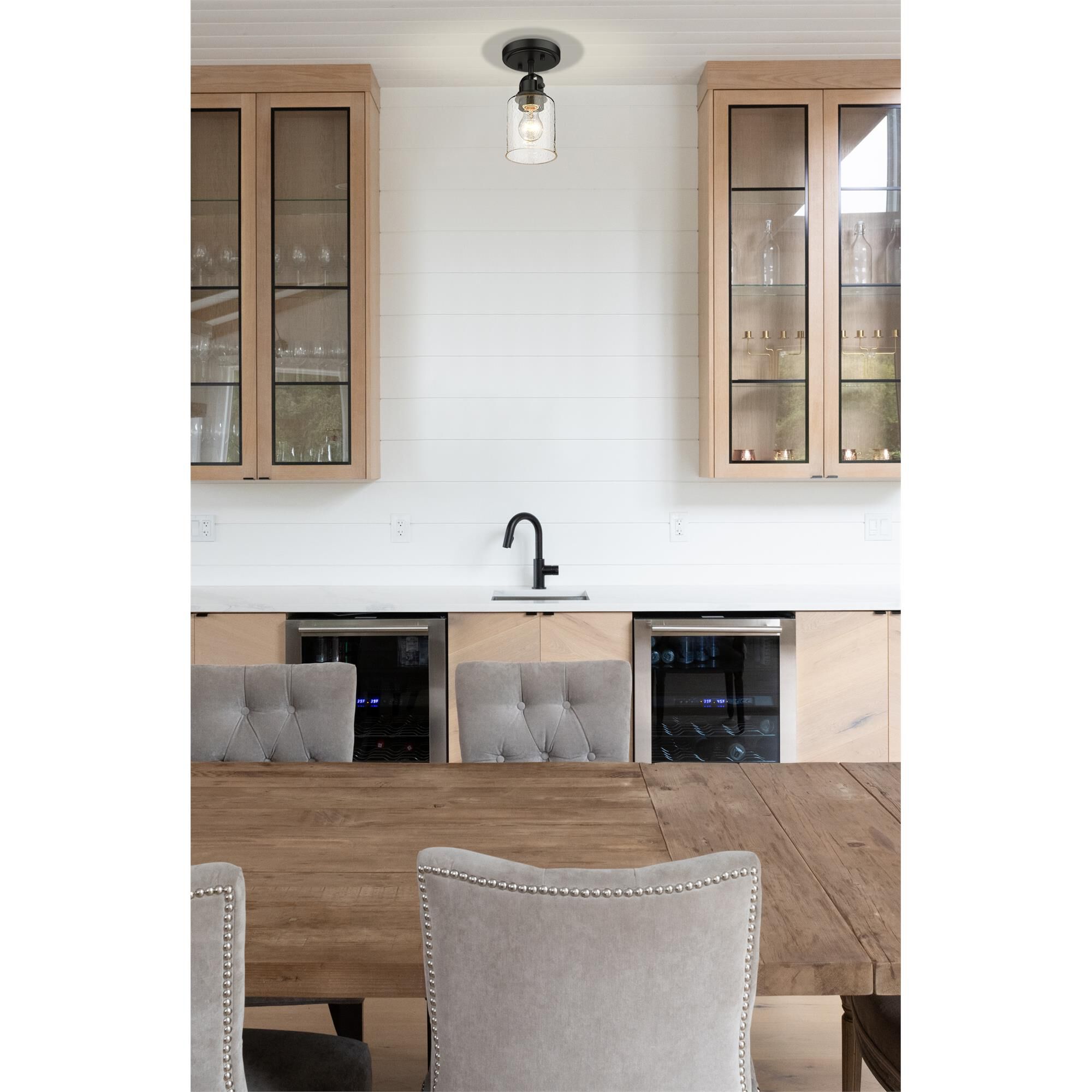 Shown in Matte Black finish and Clear Seeded glass and No Shade shade