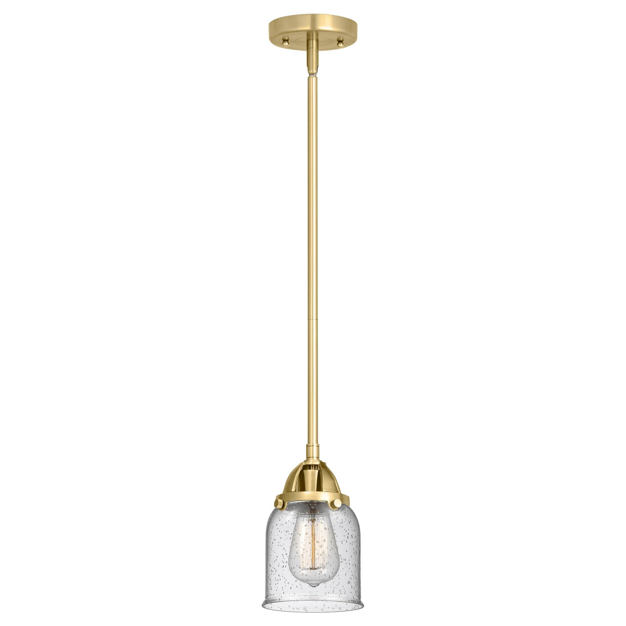 Shown in Satin Gold finish and Seedy Small Bell glass and No Shade shade
