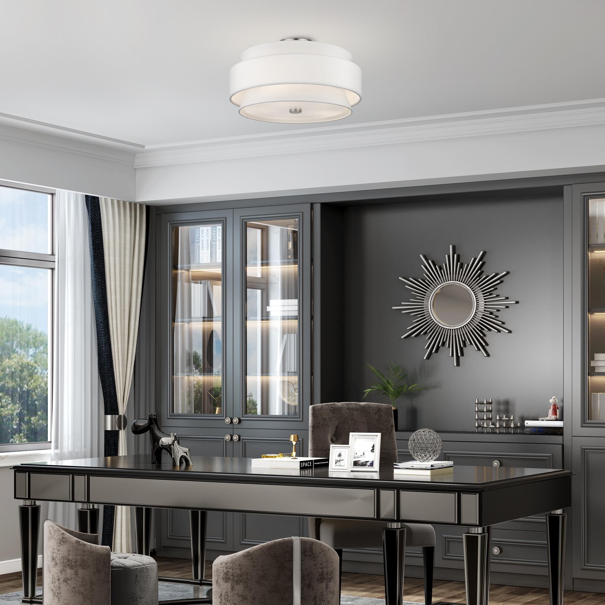 Shown in Brushed Nickel finish and Hand Crafted Off-White Fabric Hardbacks with White Fabric Inside shade