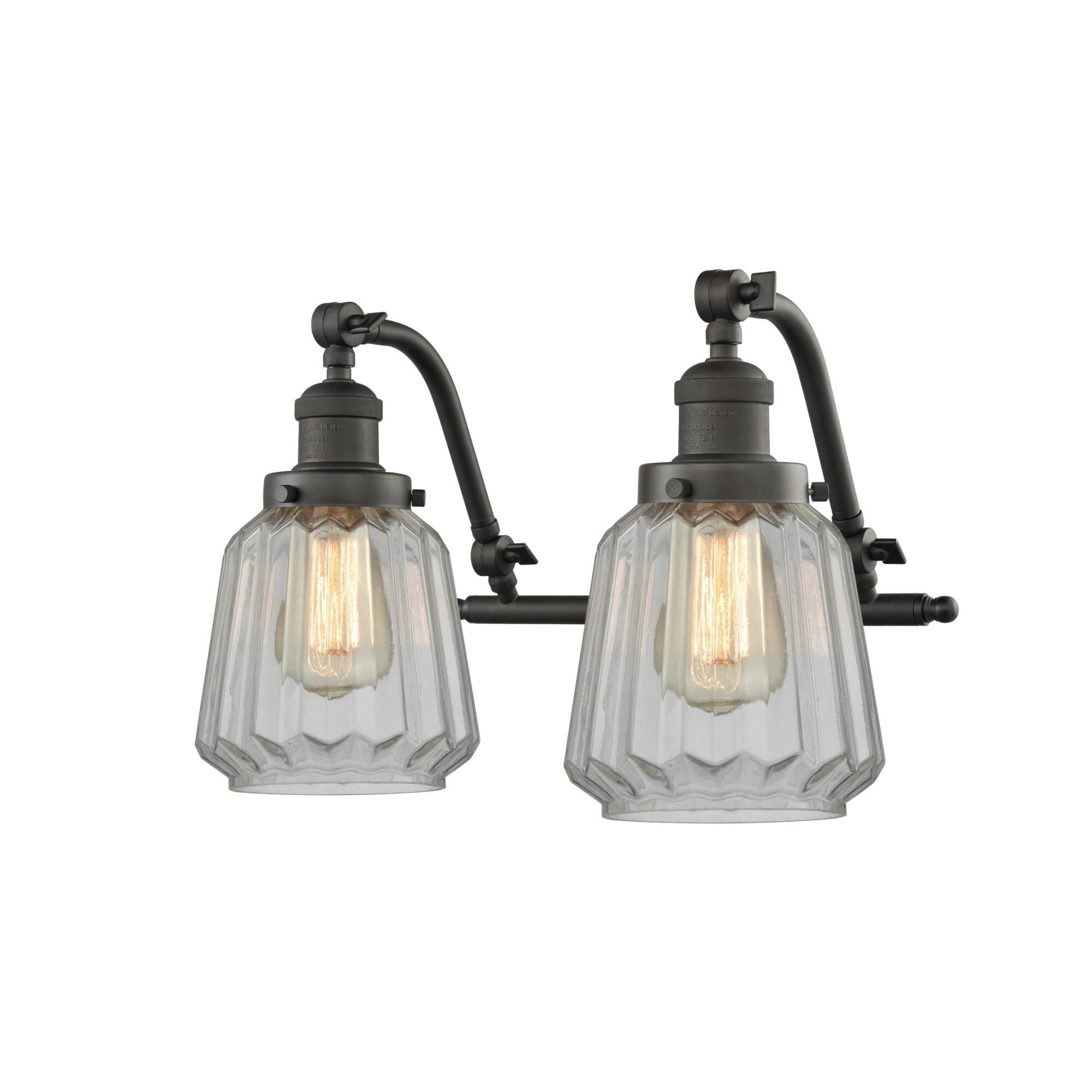 Shown in Oil Rubbed Bronze finish and Clear Fluted glass