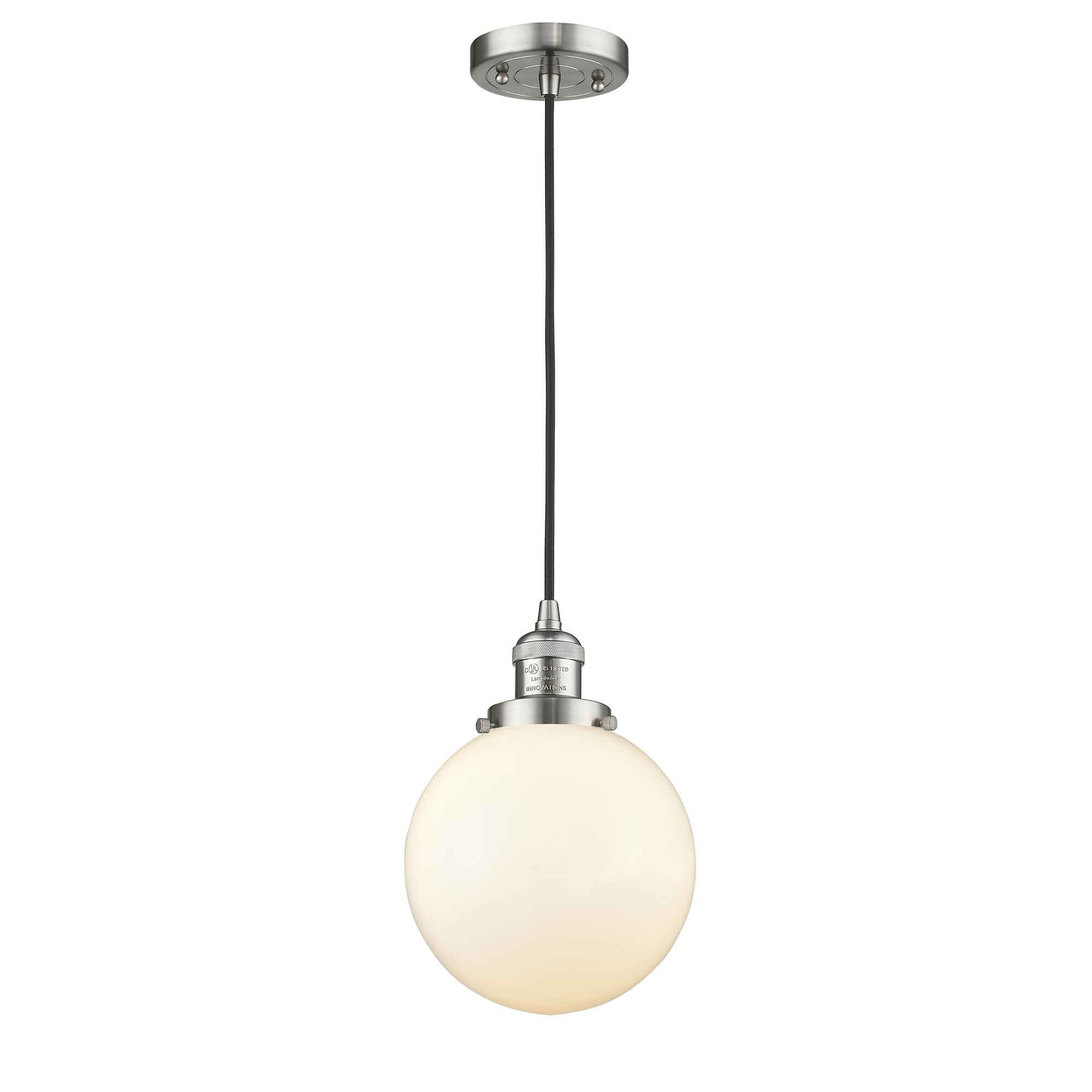 Shown in Brushed Satin Nickel finish and Matte White Cased glass
