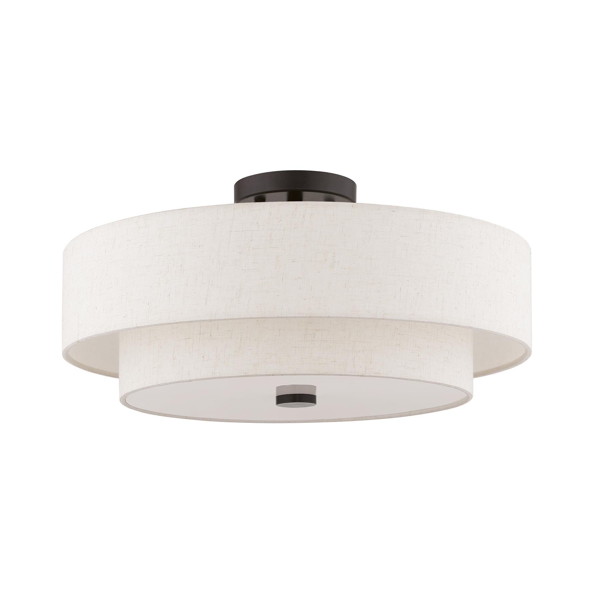 Shown in English Bronze finish and Hand Crafted Oatmeal Color Fabric Outside & White Fabric Inside Hardback shade