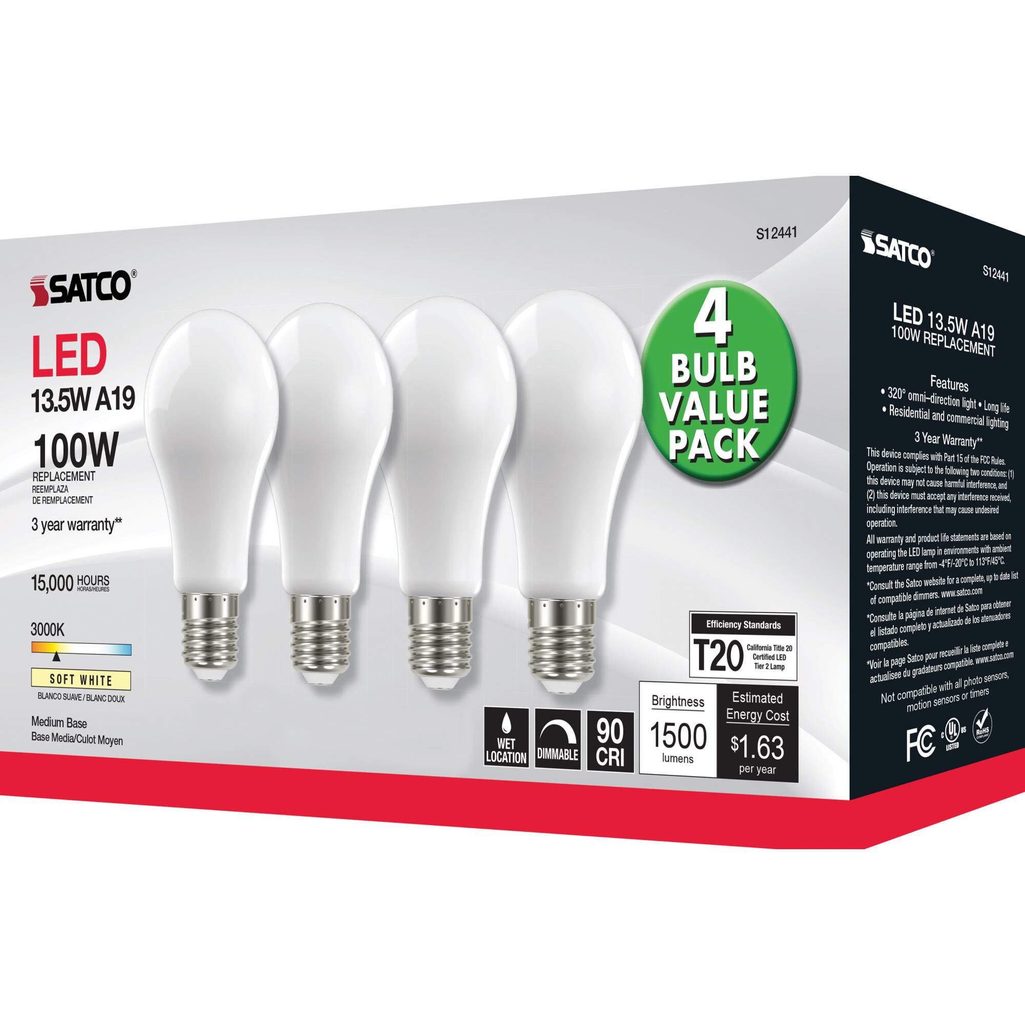 Dimmable 13.5 Watt 3000K A19 LED Light Bulb,