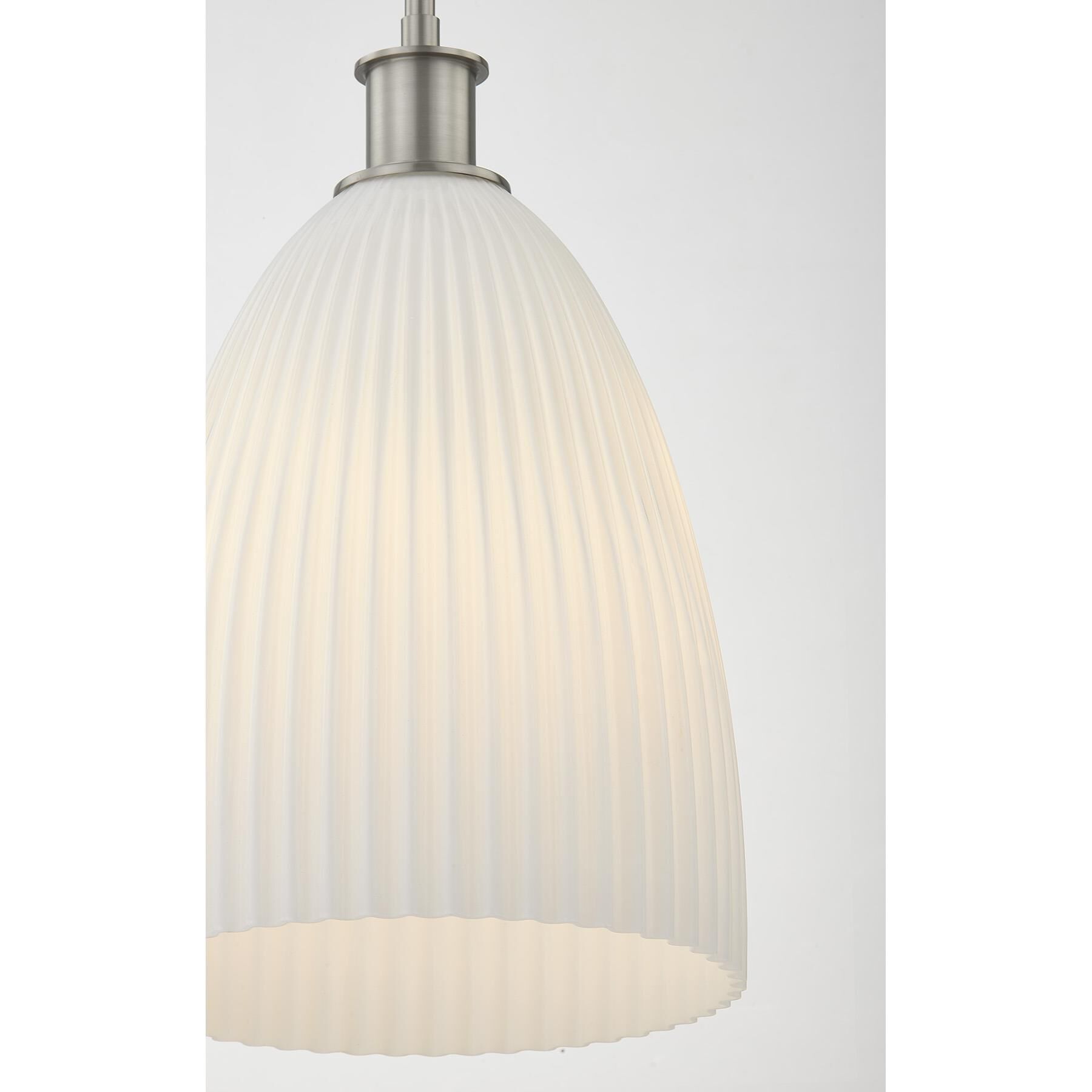 Shown in Satin Nickel finish and White Opal Ribbed glass