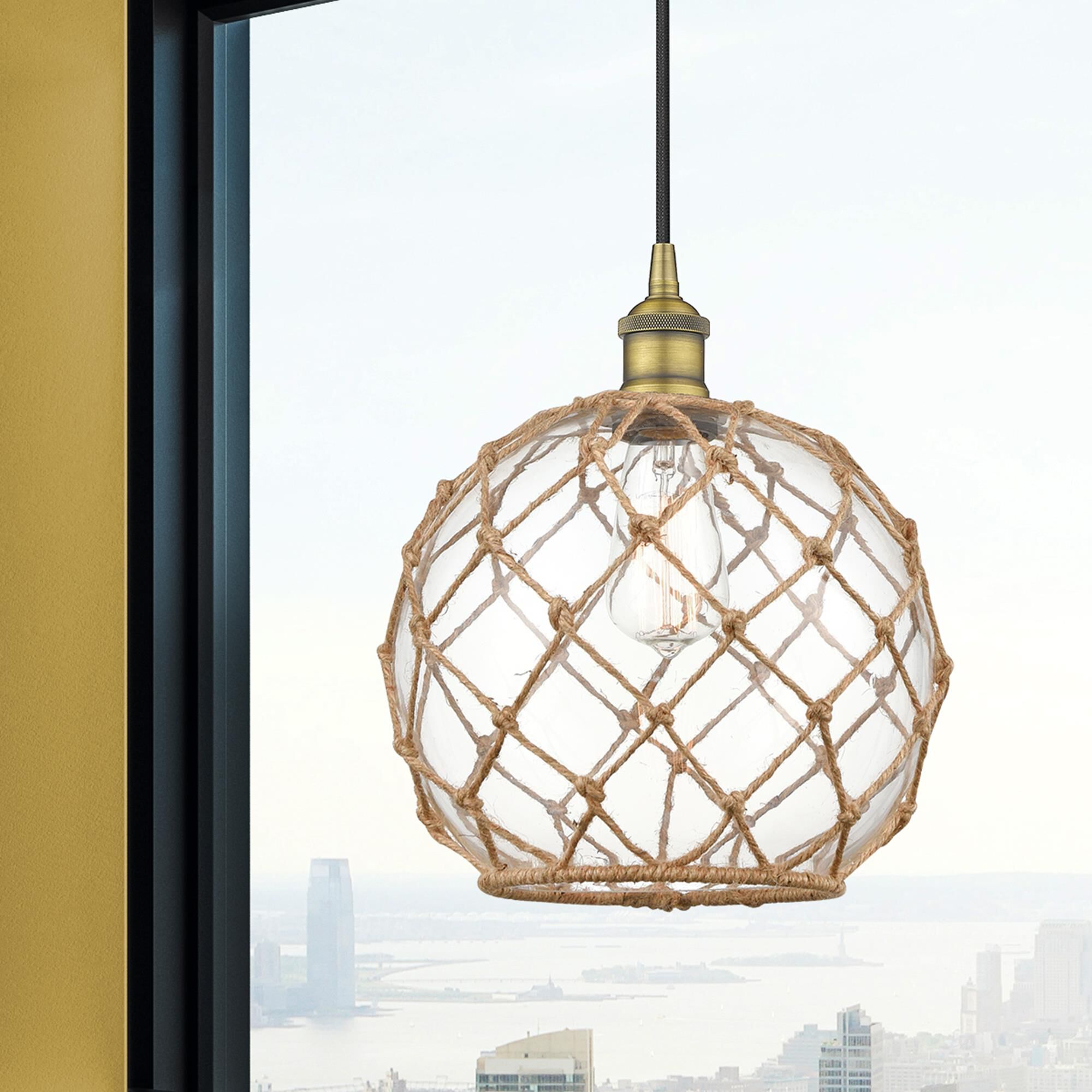Shown in Brushed Brass finish and Clear Large Farmhouse With Brown Rope glass