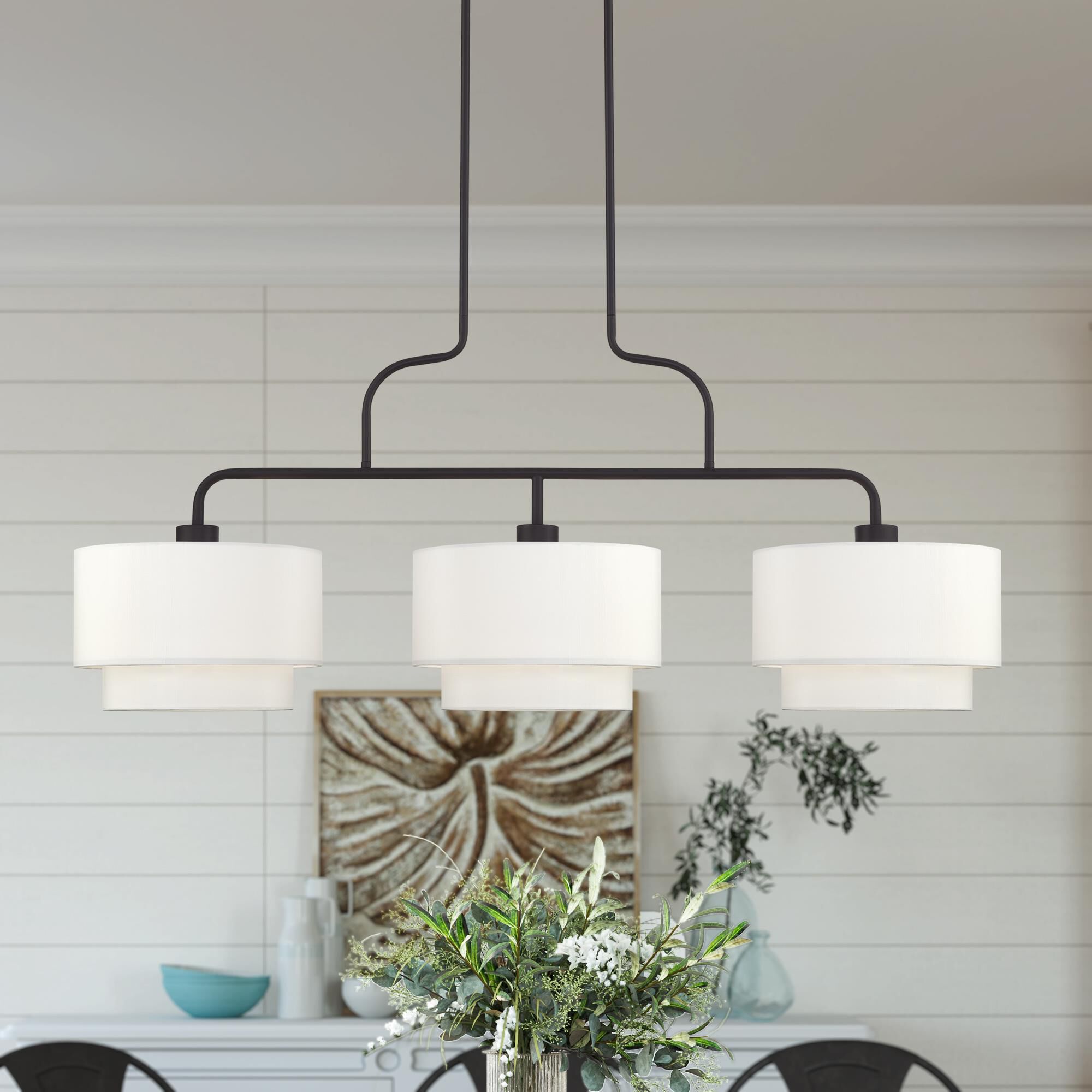 Shown in Bronze finish and Hand Crafted Off-White Fabric Hardbacks with White Fabric Inside shade