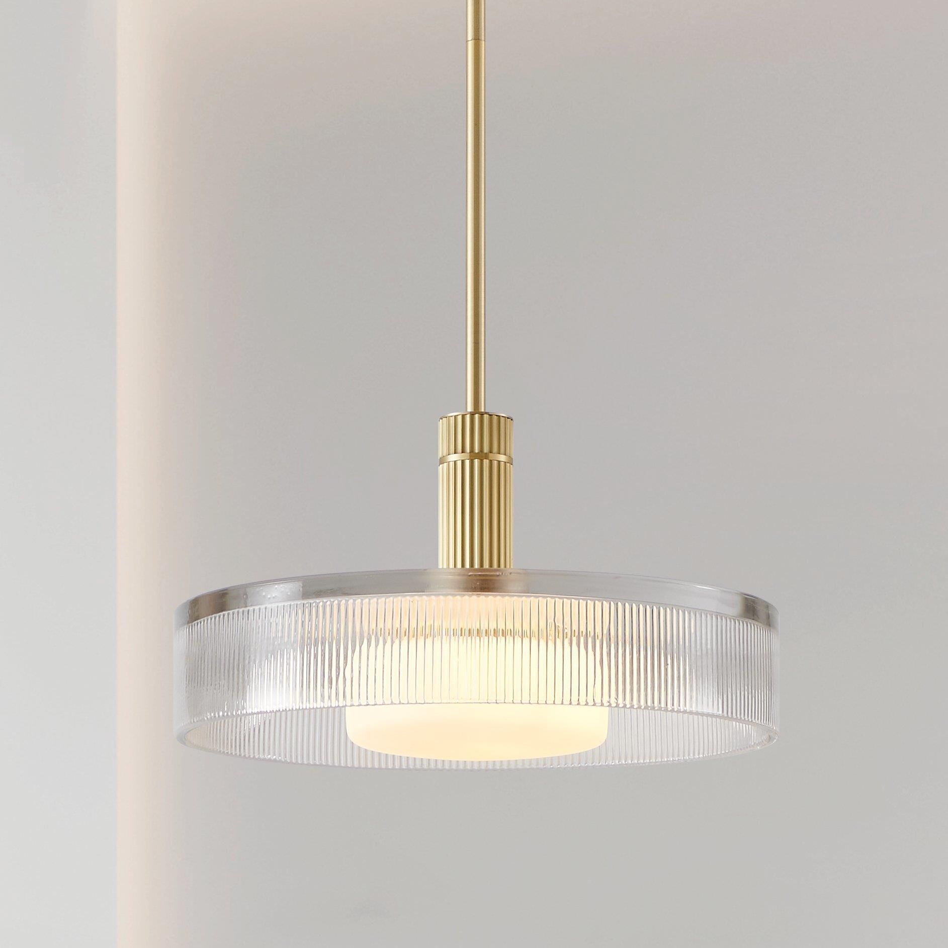 Shown in Champagne Gold finish and Clear Ribbed, Opal glass
