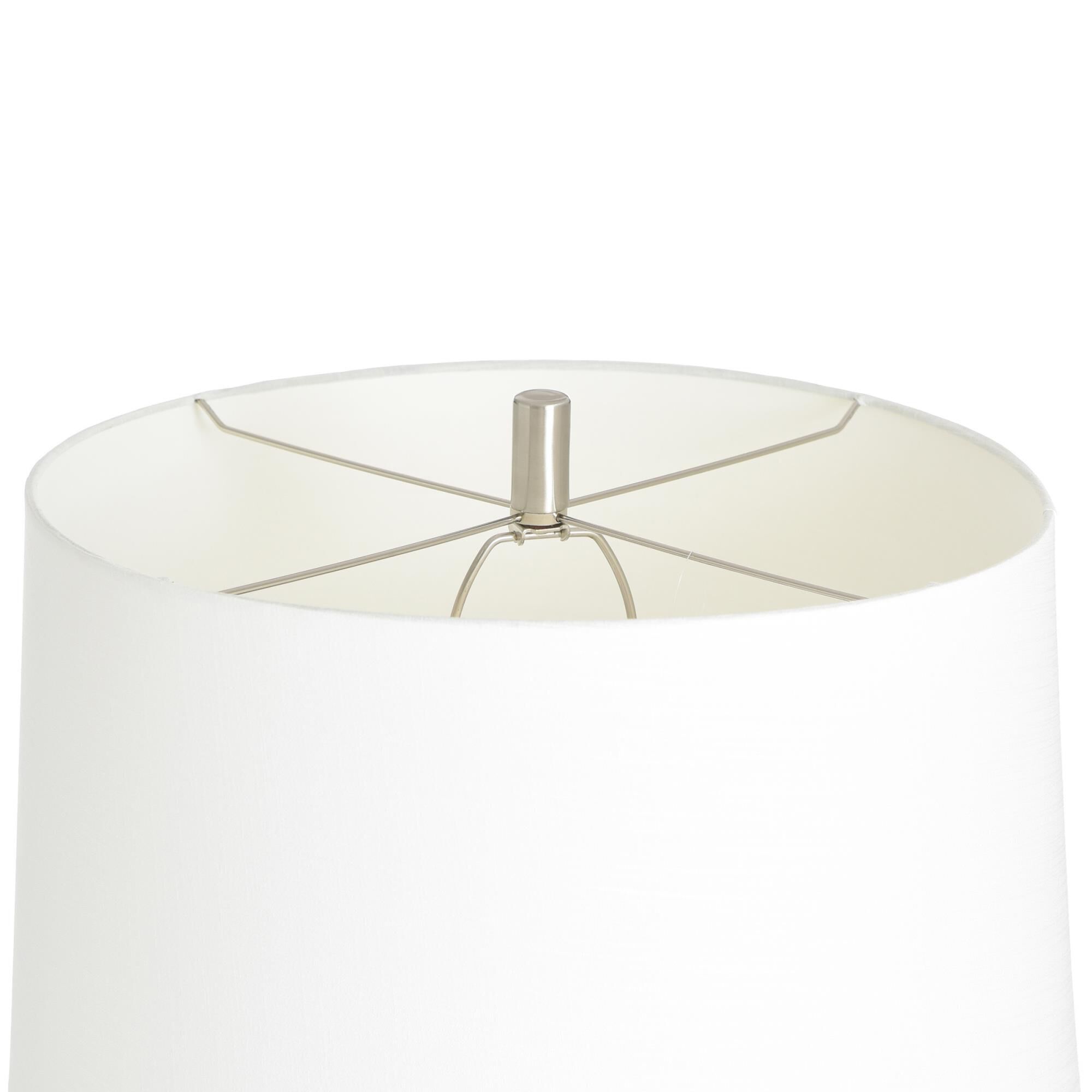 Shown in Clear, Brushed Nickel, White finish and White Cotton and Polyester Blend shade