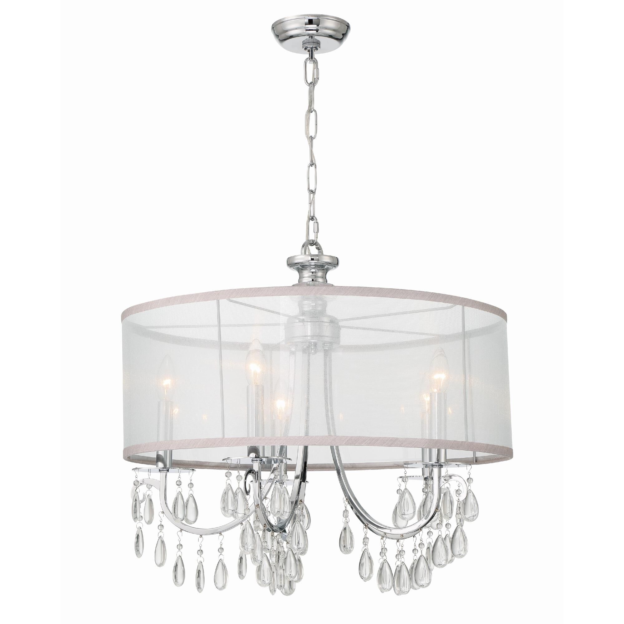 Shown in Polished Chrome finish and Clear Teardrop Almond crystal and Silk glass and Translucent Silver shade