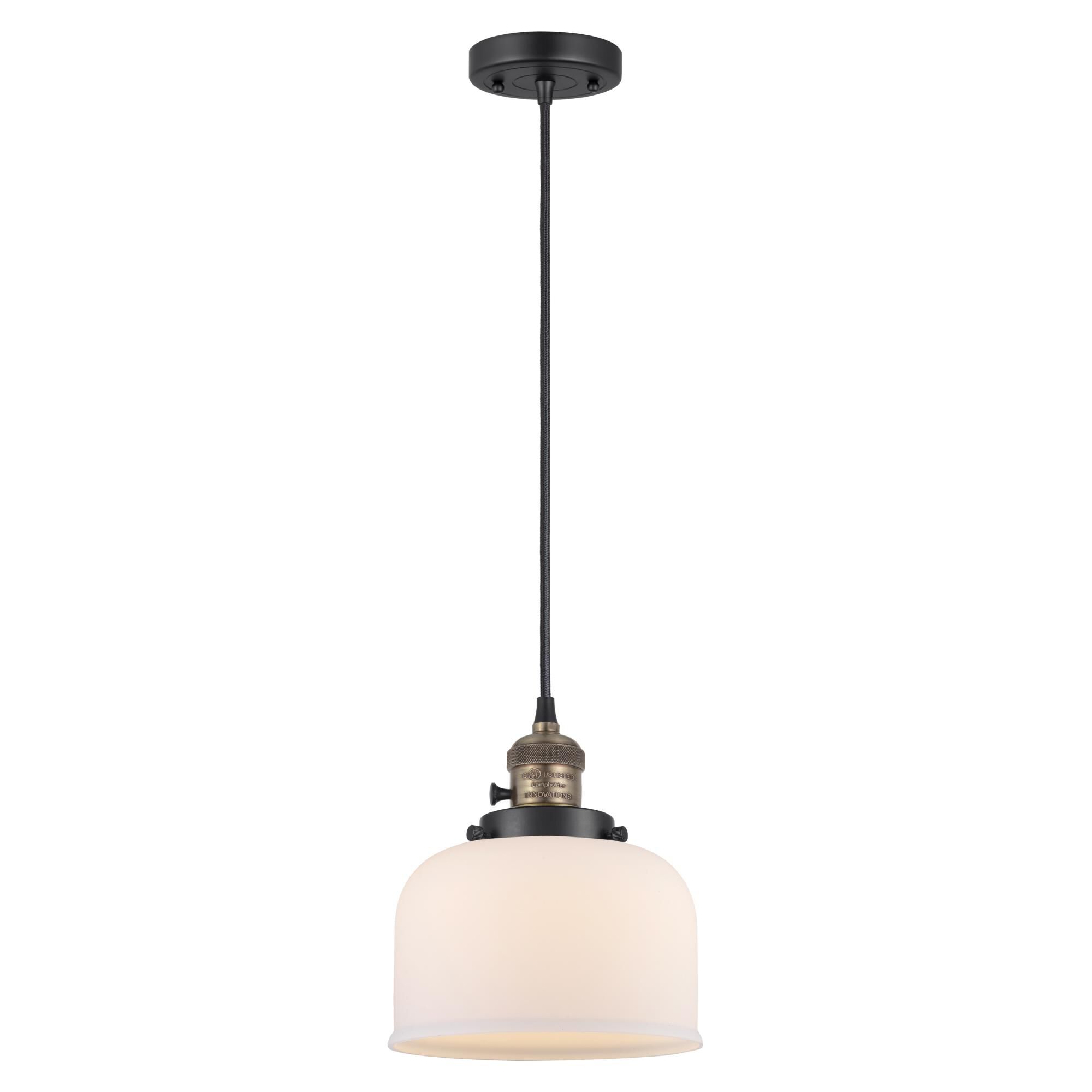 Shown in Black Antique Brass finish and Matte White glass