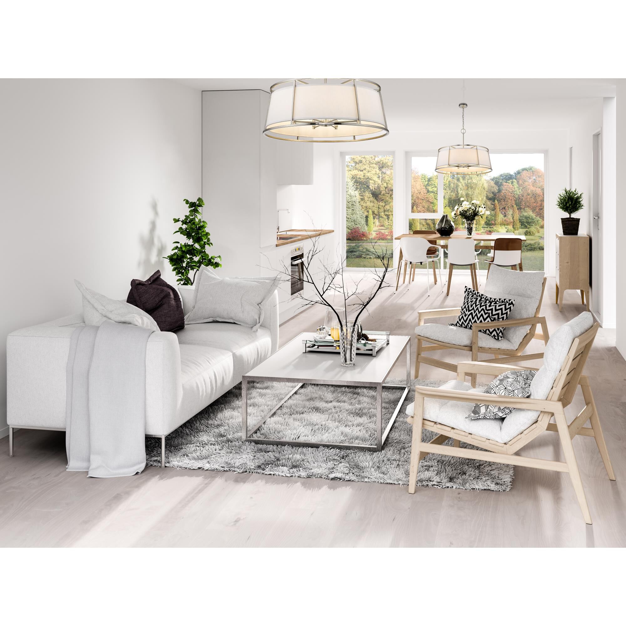 Shown in Brushed Nickel finish and Fabric glass and Fabric shade