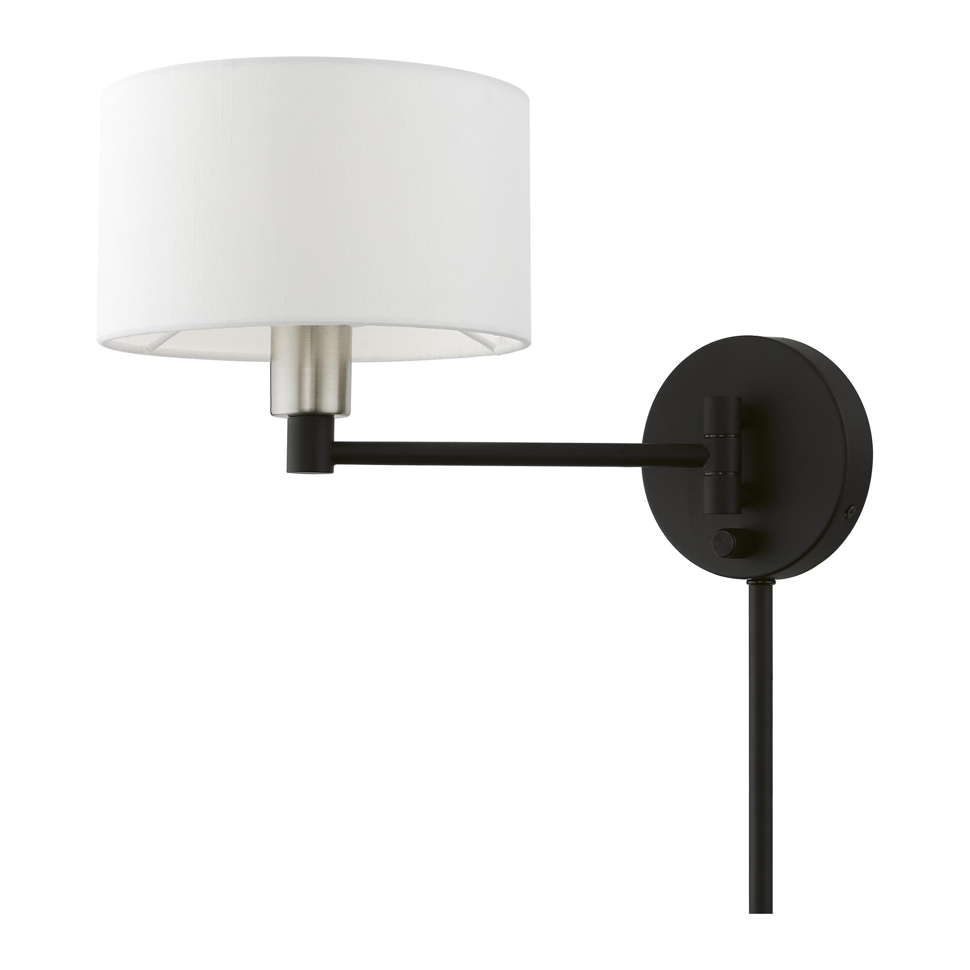 Shown in Black with Brushed Nickel Accent finish and Hand Crafted Off-White Hardback Fabric shade
