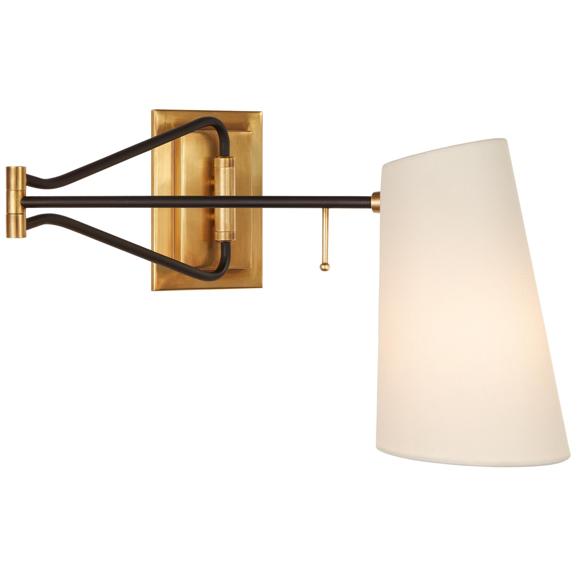 Shown in Hand-Rubbed Antique Brass And Black finish and Linen shade