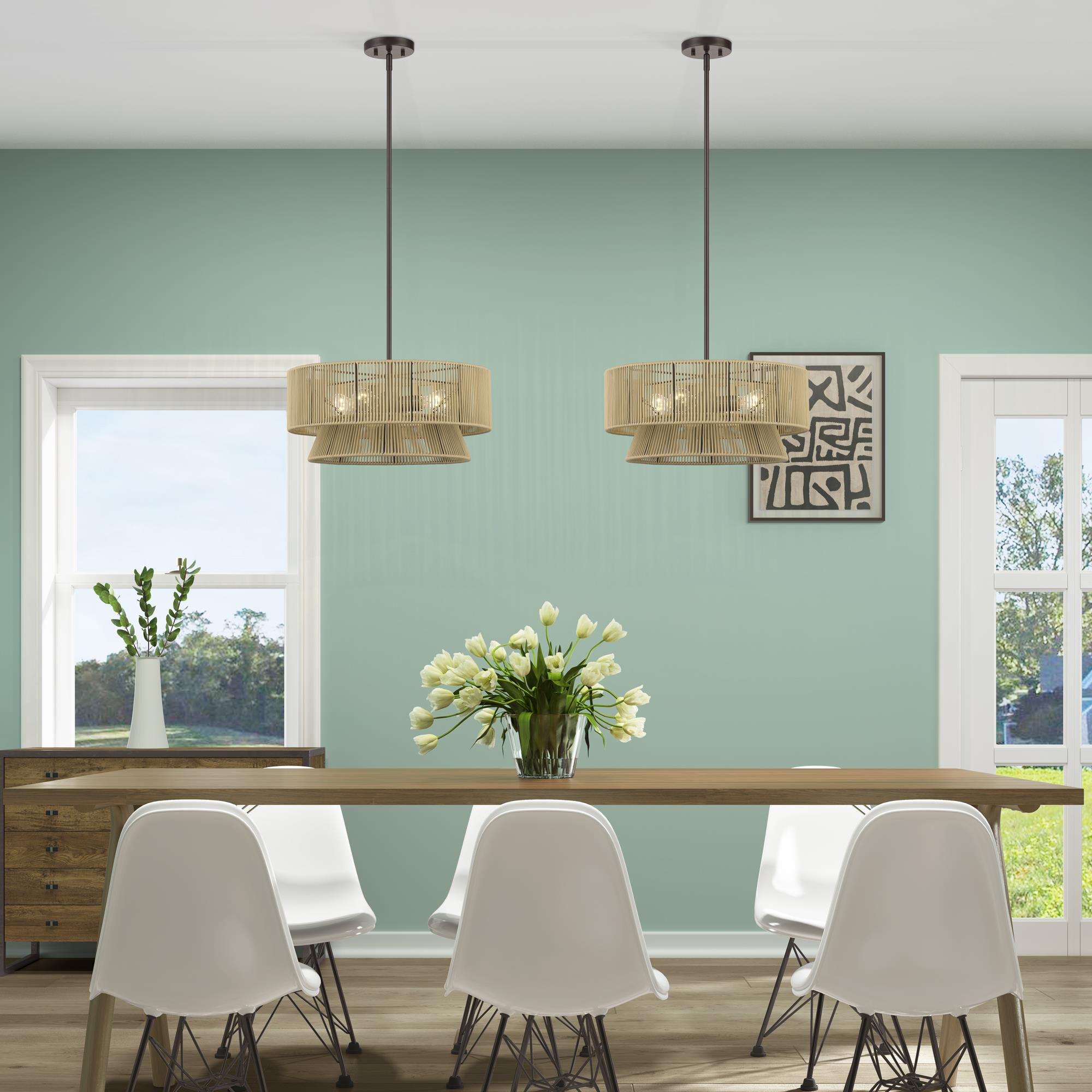 Shown in English Bronze finish and Hand-Woven Venetian Gold Color Polyester Rope shade