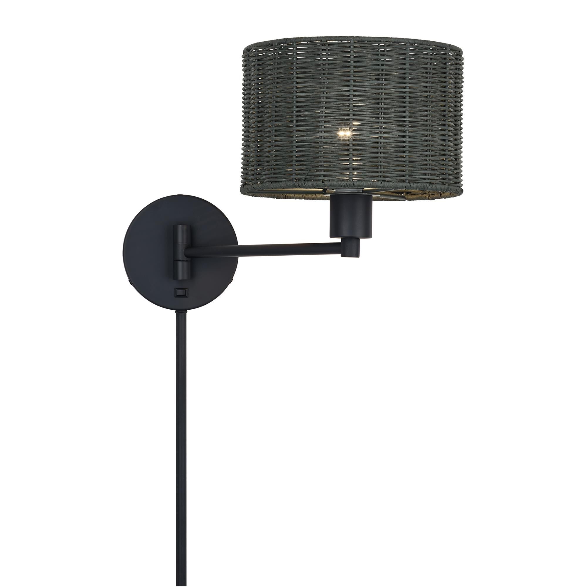 Shown in Black finish and Hand-Woven Charred Gray Color Rattan shade
