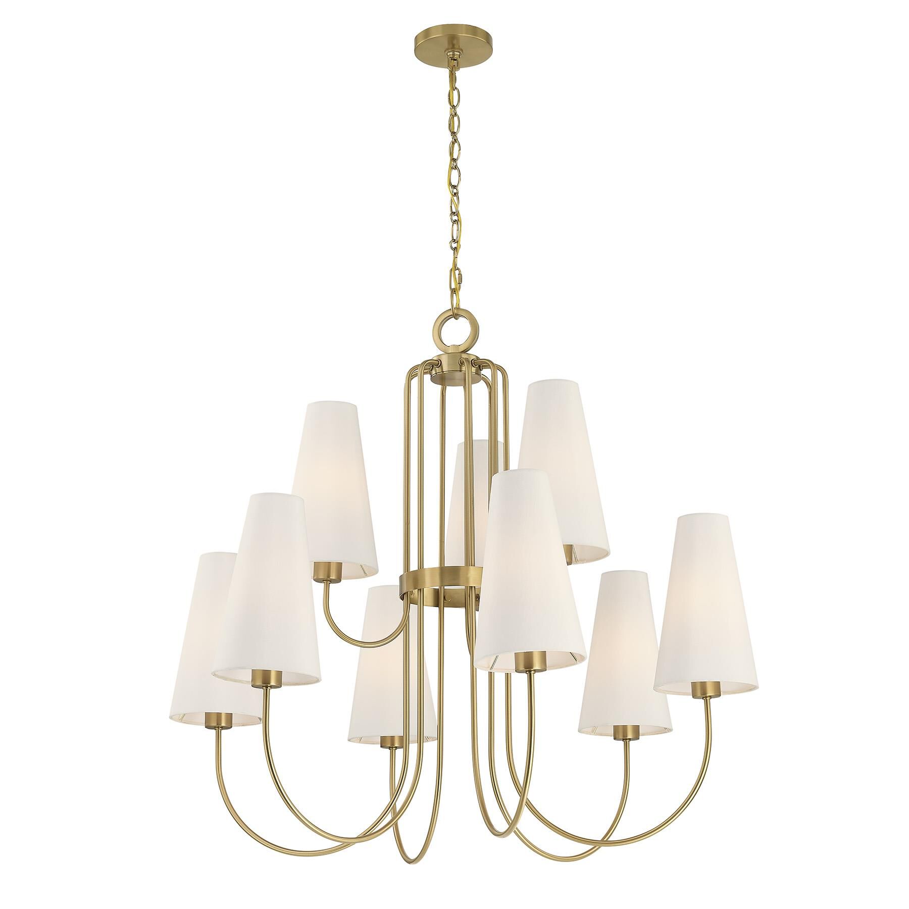 Shown in Warm Brass finish and White Fabric shade