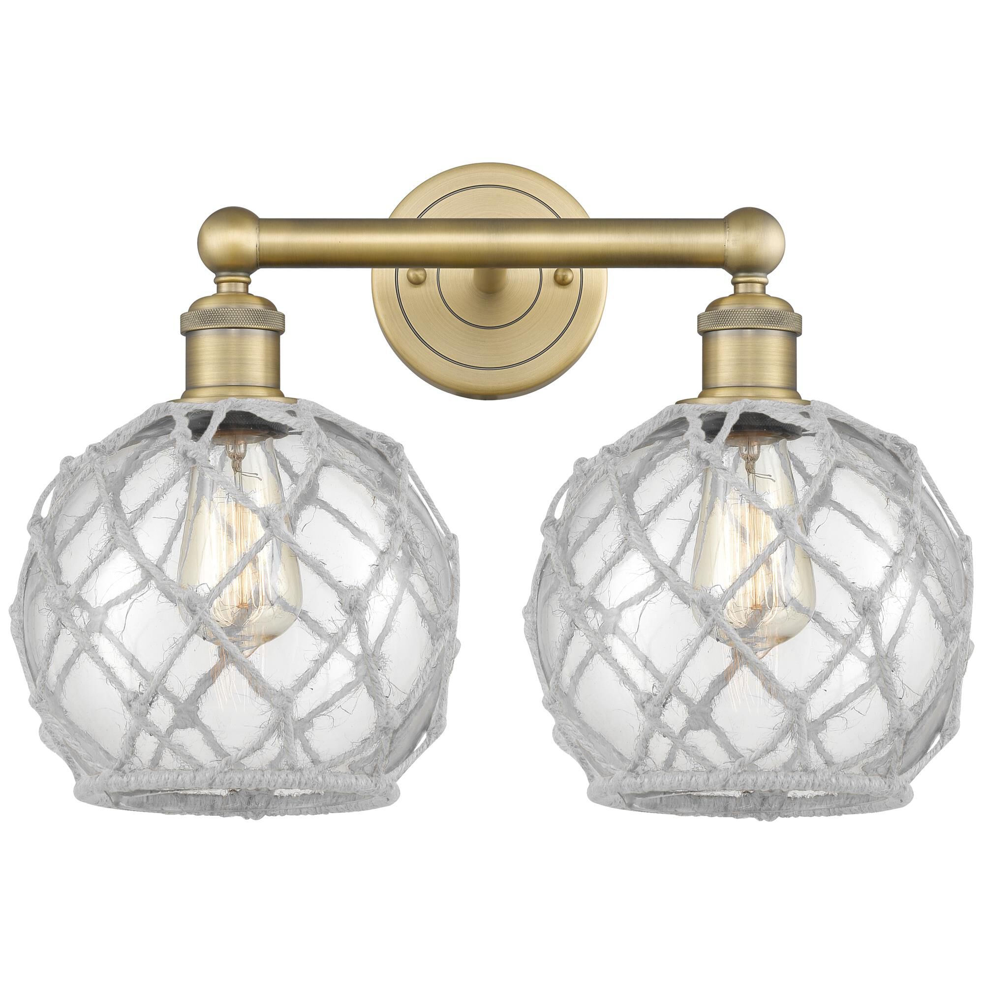 Shown in Brushed Brass finish and Clear with White Rope glass