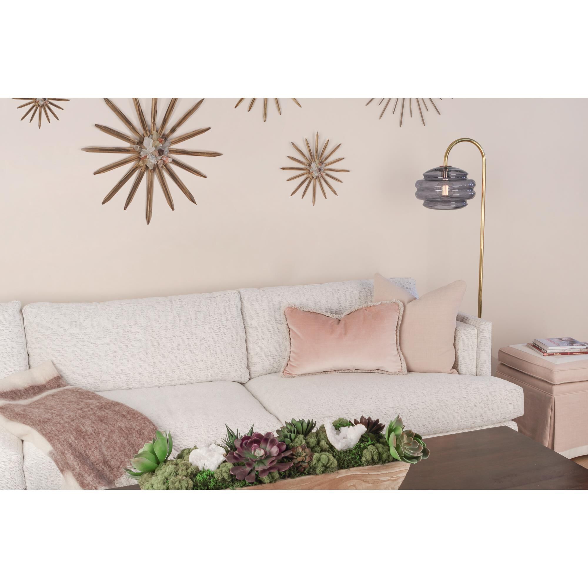 Shown in Modern Brass Finish W/ Smoke Gray Glass finish