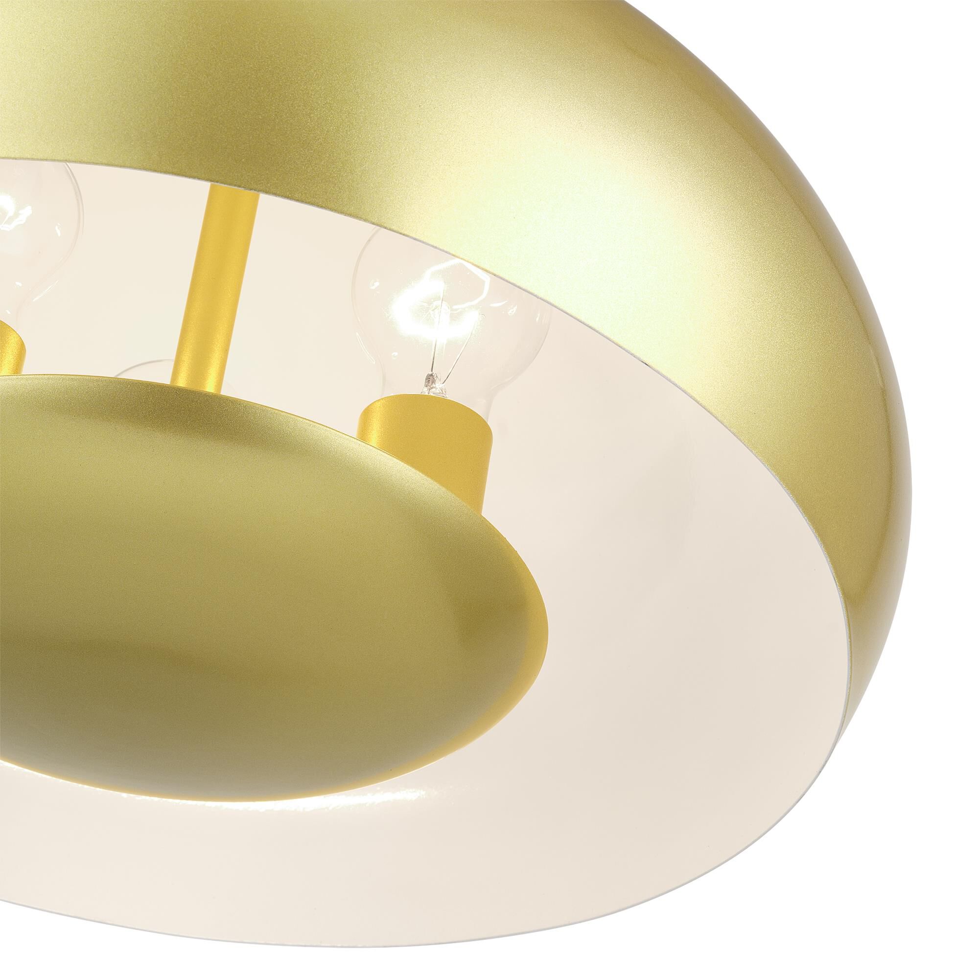 Shown in Soft Gold with Polished Brass Accents finish and Soft Gold Steel with Shiny White Inside shade