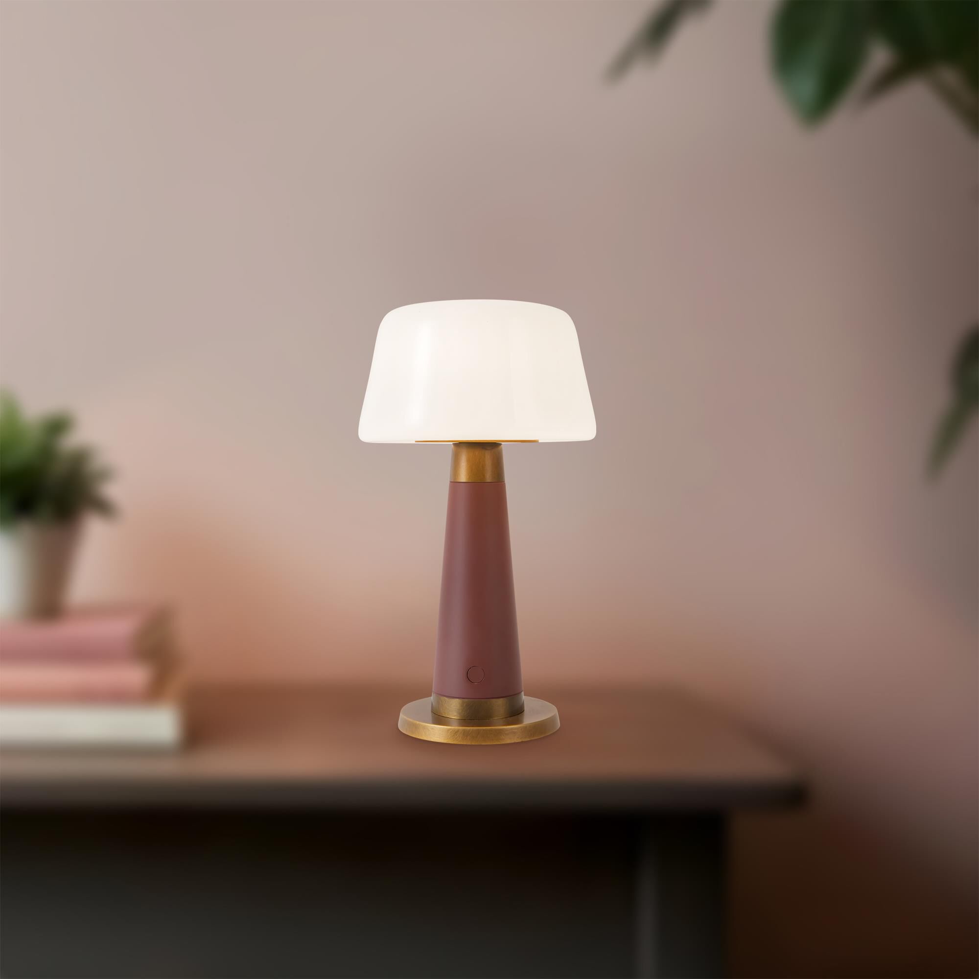 Shown in Burgundy finish and Opal glass