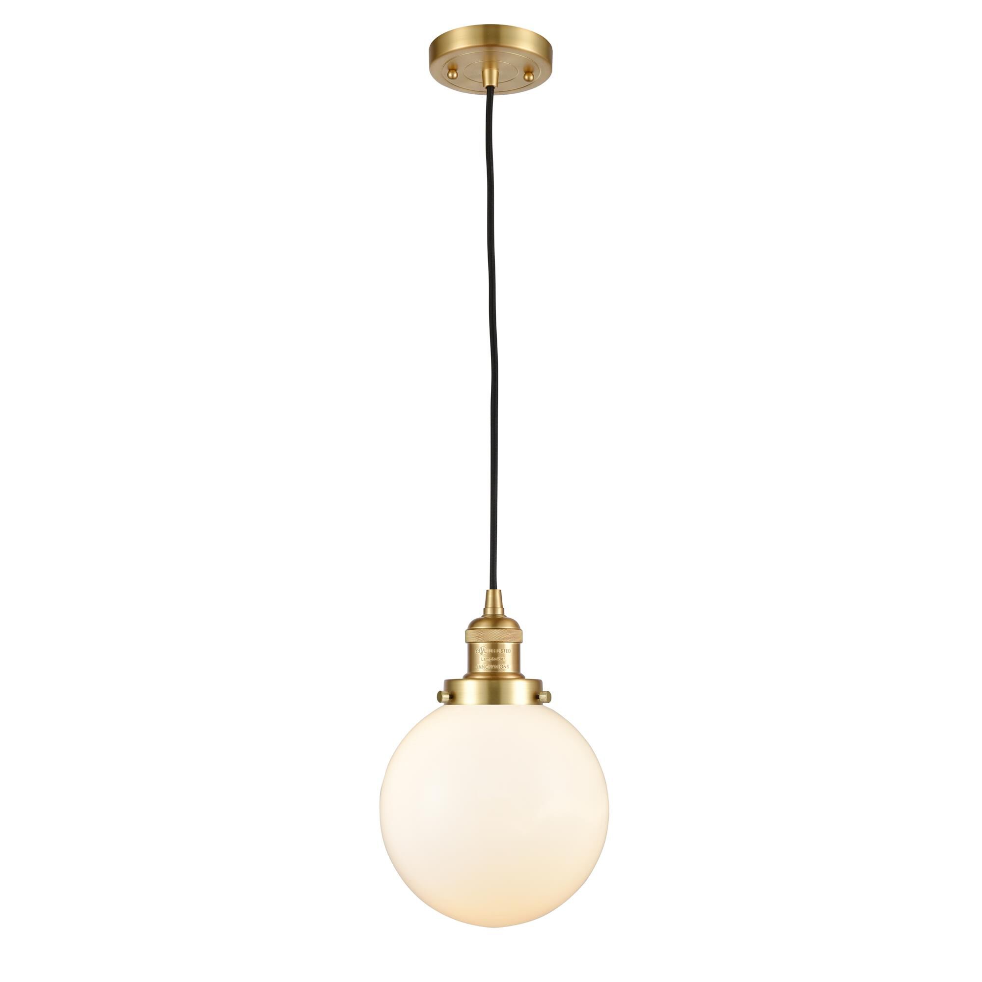 Shown in Satin Gold finish and Matte White Cased Beacon glass
