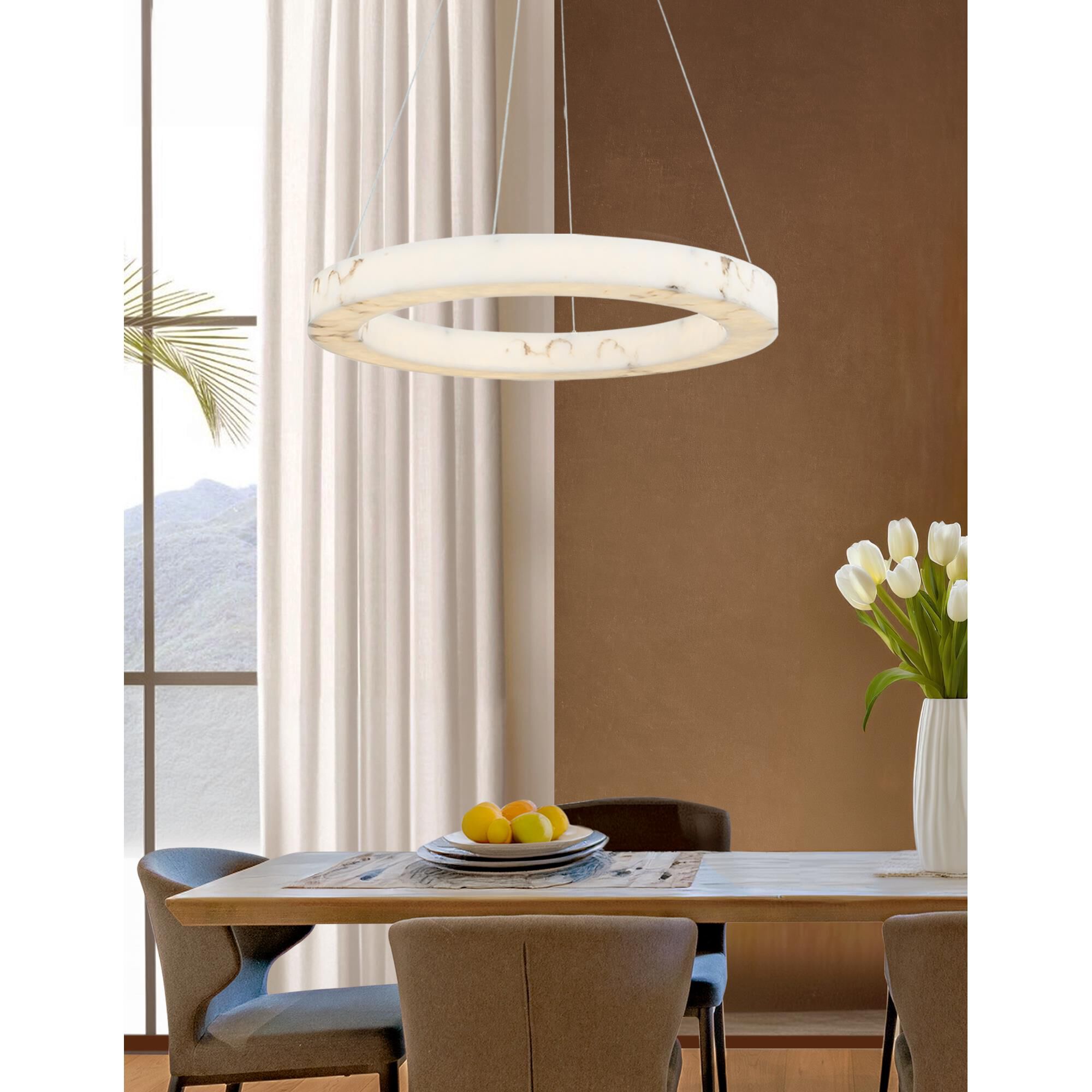Shown in Brushed Brass finish and Faux Alabaster Resin shade