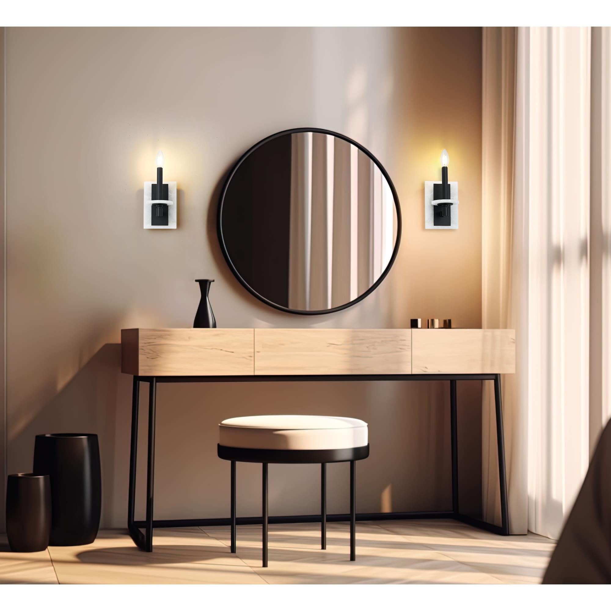 Shown in Matte Black finish and Alabaster glass and Alabaster shade