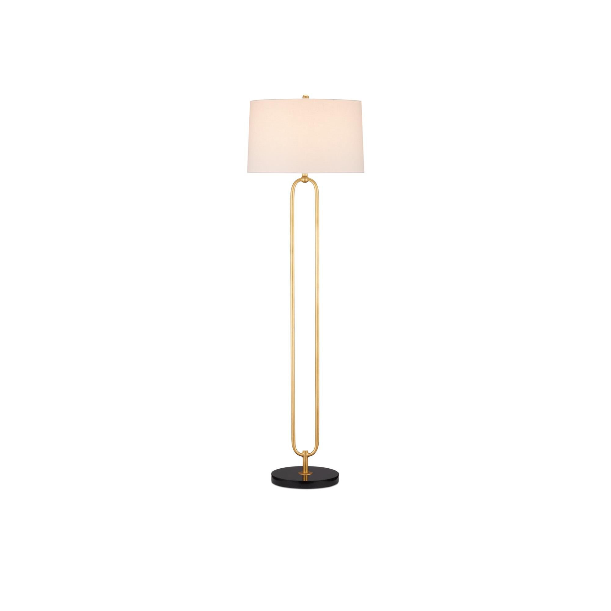 Shown in Contemporary Gold Leaf and Natural finish and Off White Linen shade