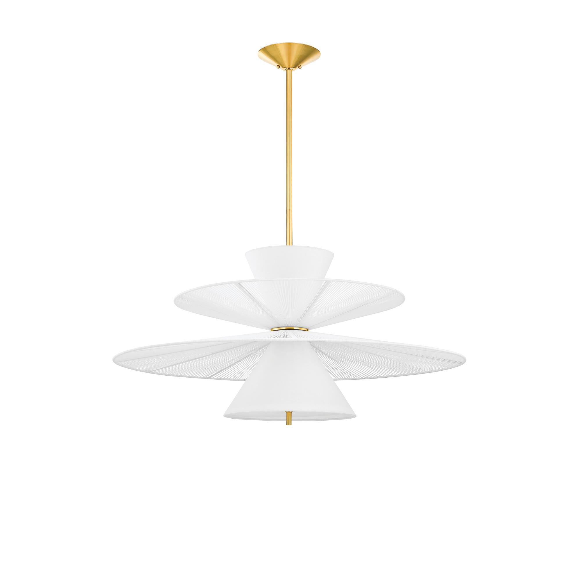 Shown in Aged Brass finish and White Linen shade