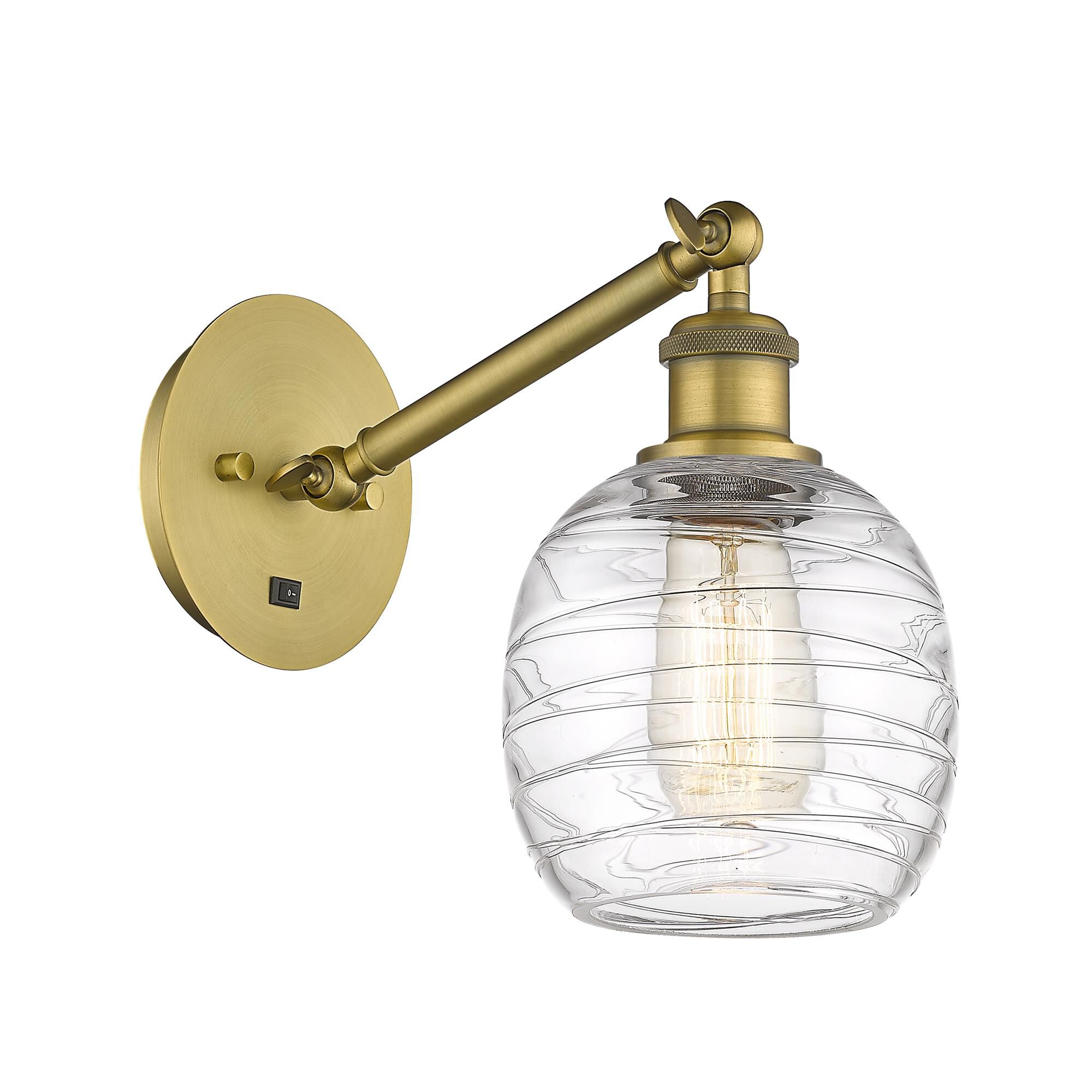 Shown in Brushed Brass finish and Deco Swirl glass