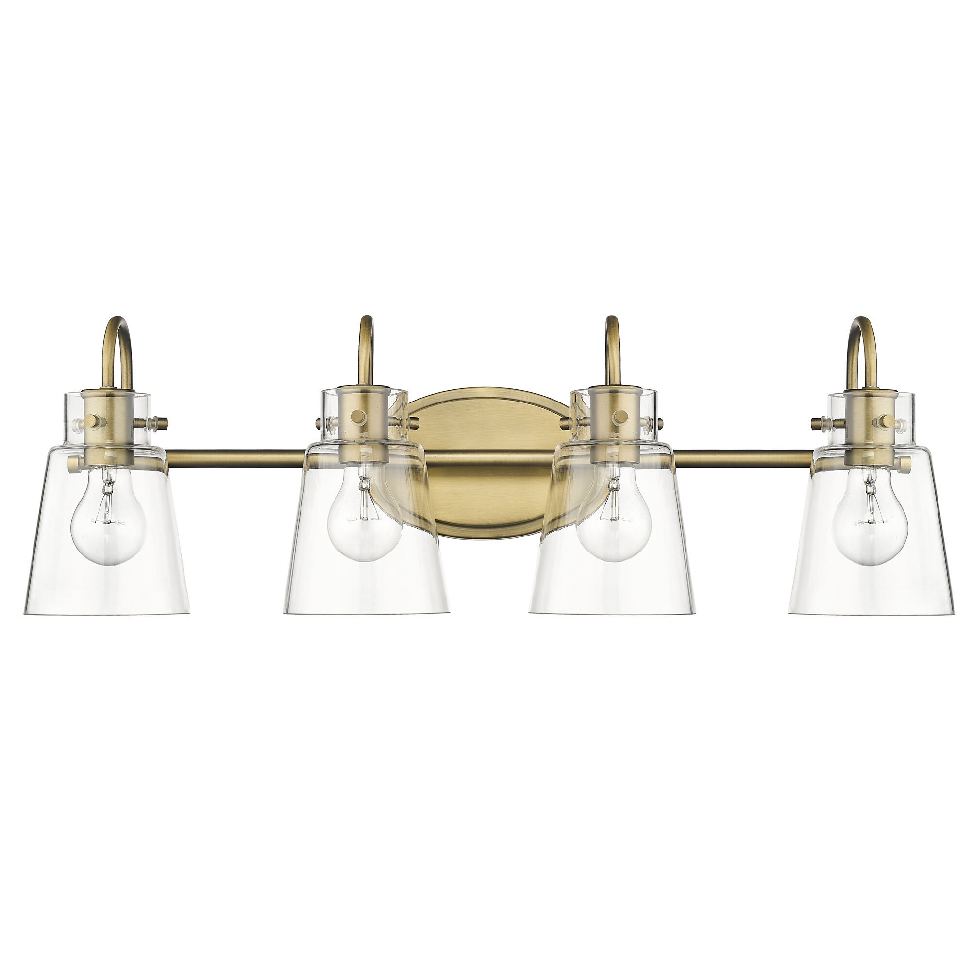 Shown in Antique Brass finish and Clear Glass shade