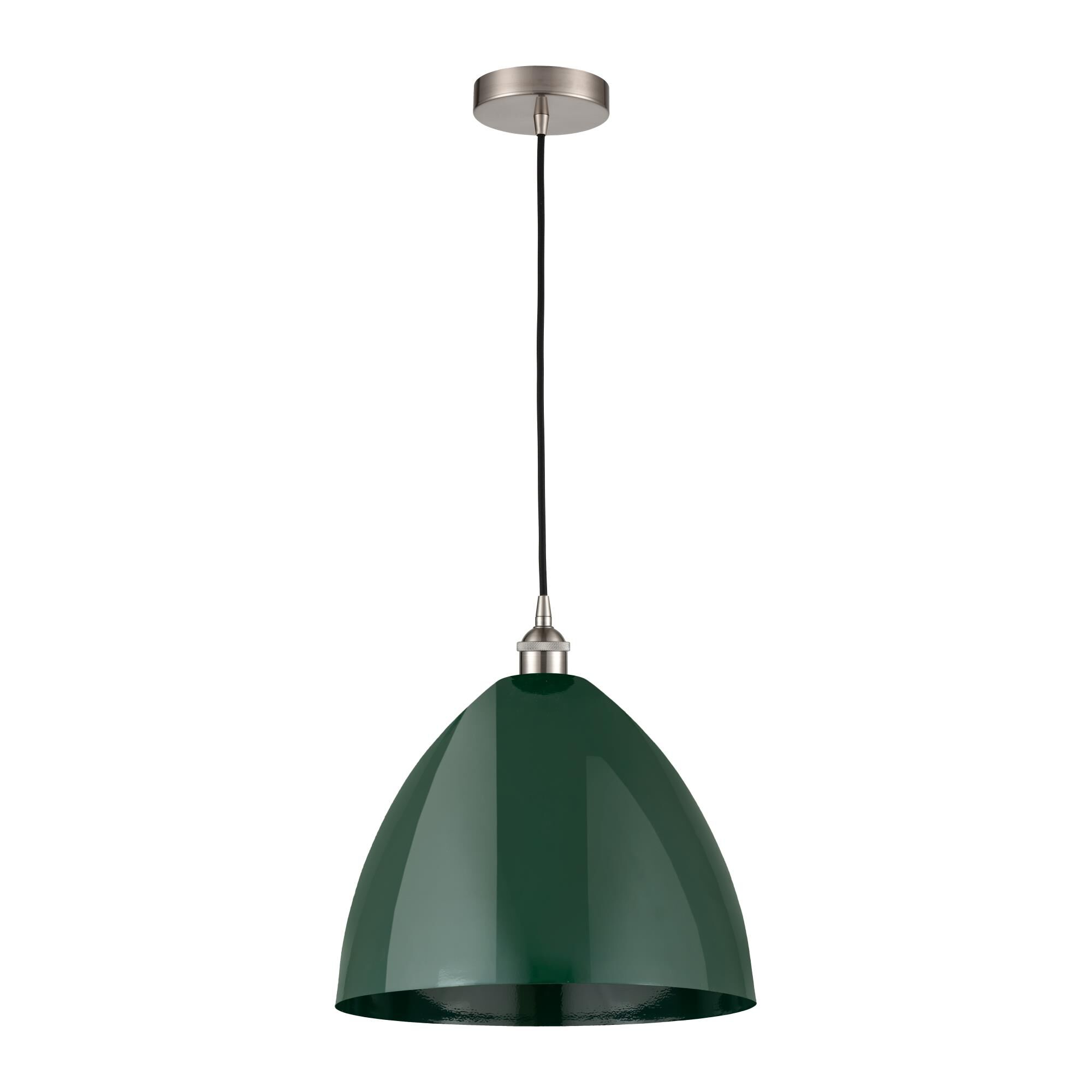Shown in Brushed Satin Nickel finish and Green Dome shade