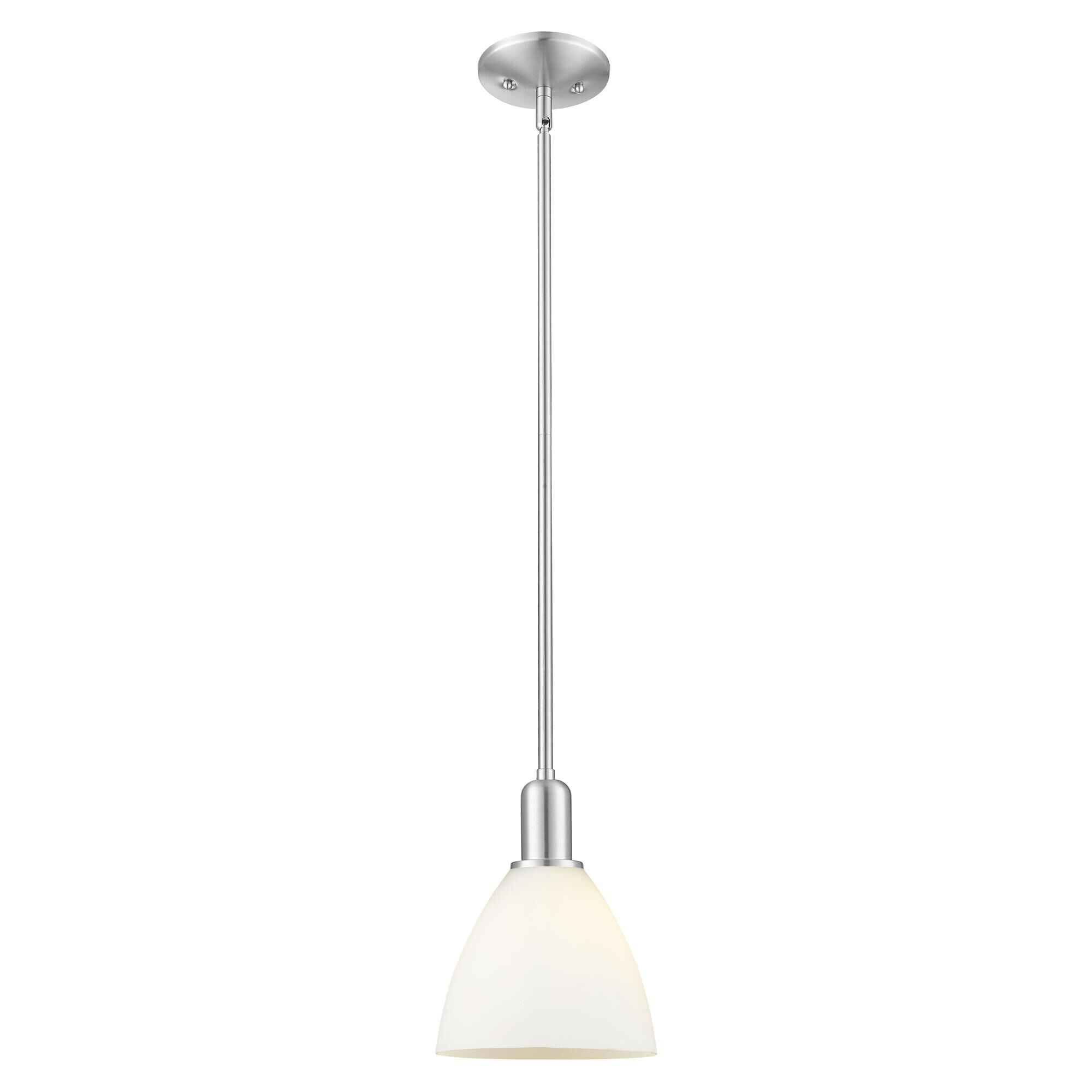 Shown in Brushed Satin Nickel finish and Matte White glass
