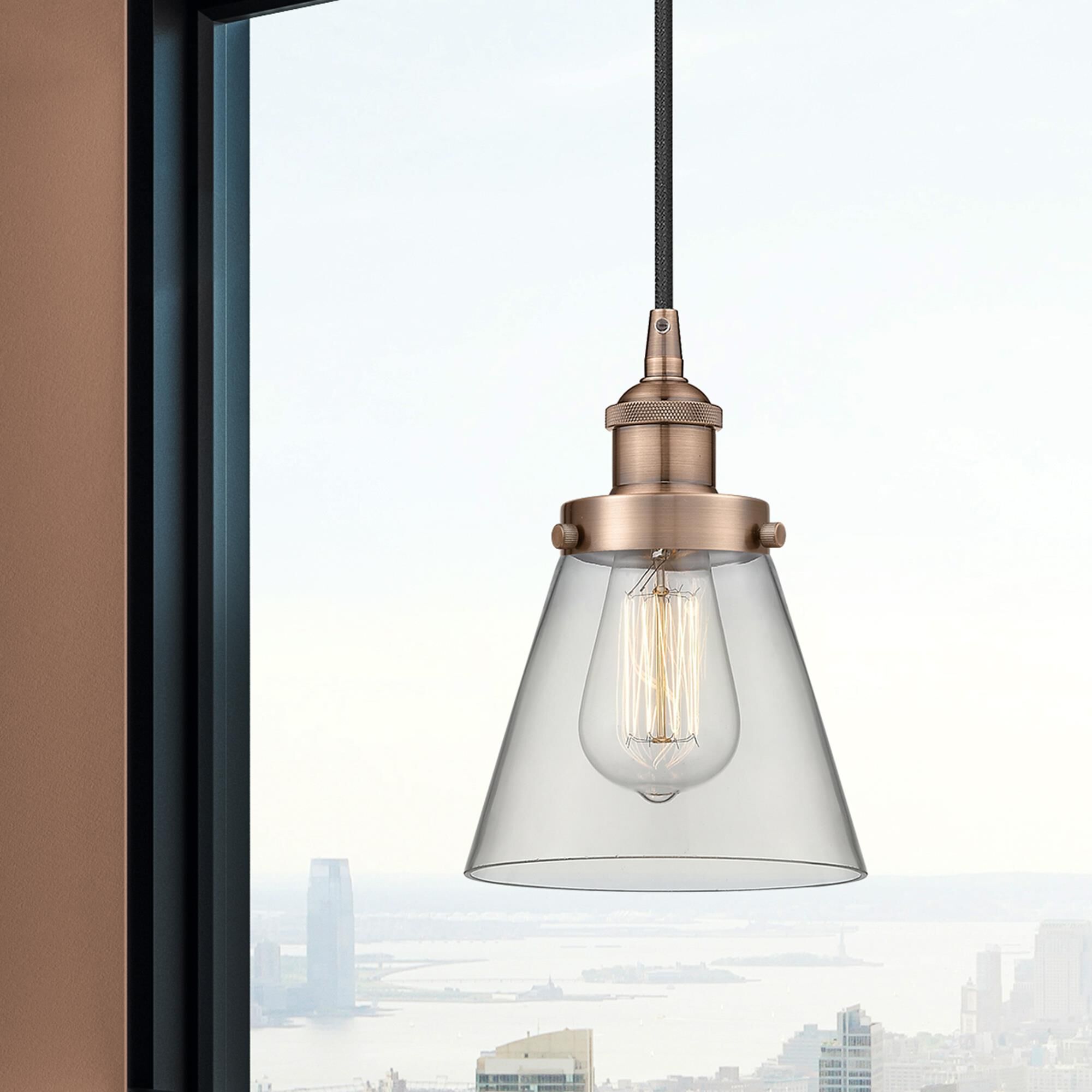 Shown in Antique Copper finish and Clear Small Cone glass