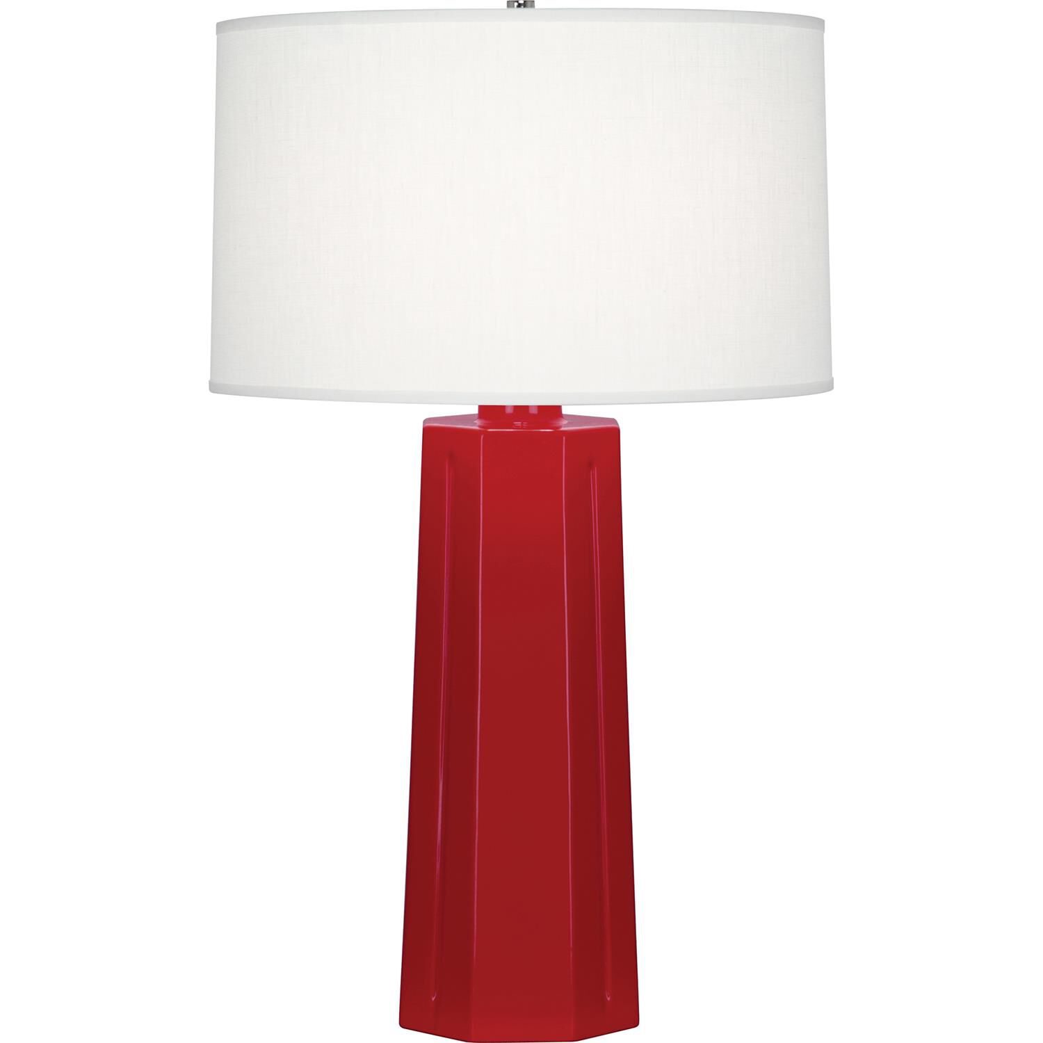 Shown in Ruby Red Glazed Ceramic finish and Oyster Linen shade