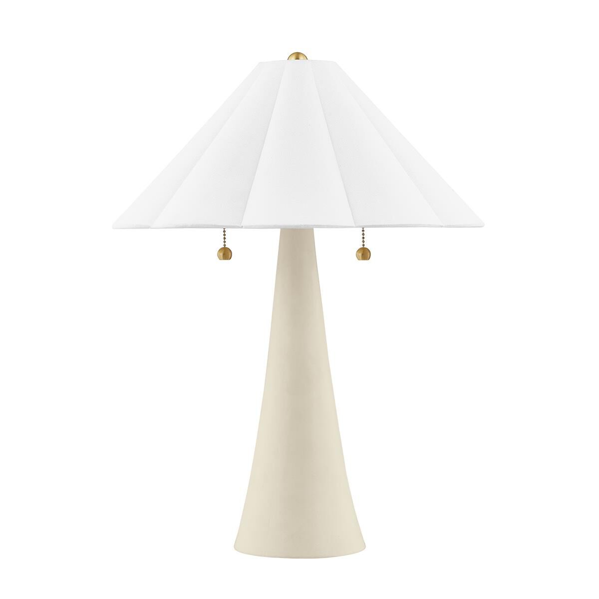 Shown in Aged Brass finish and White Linen shade