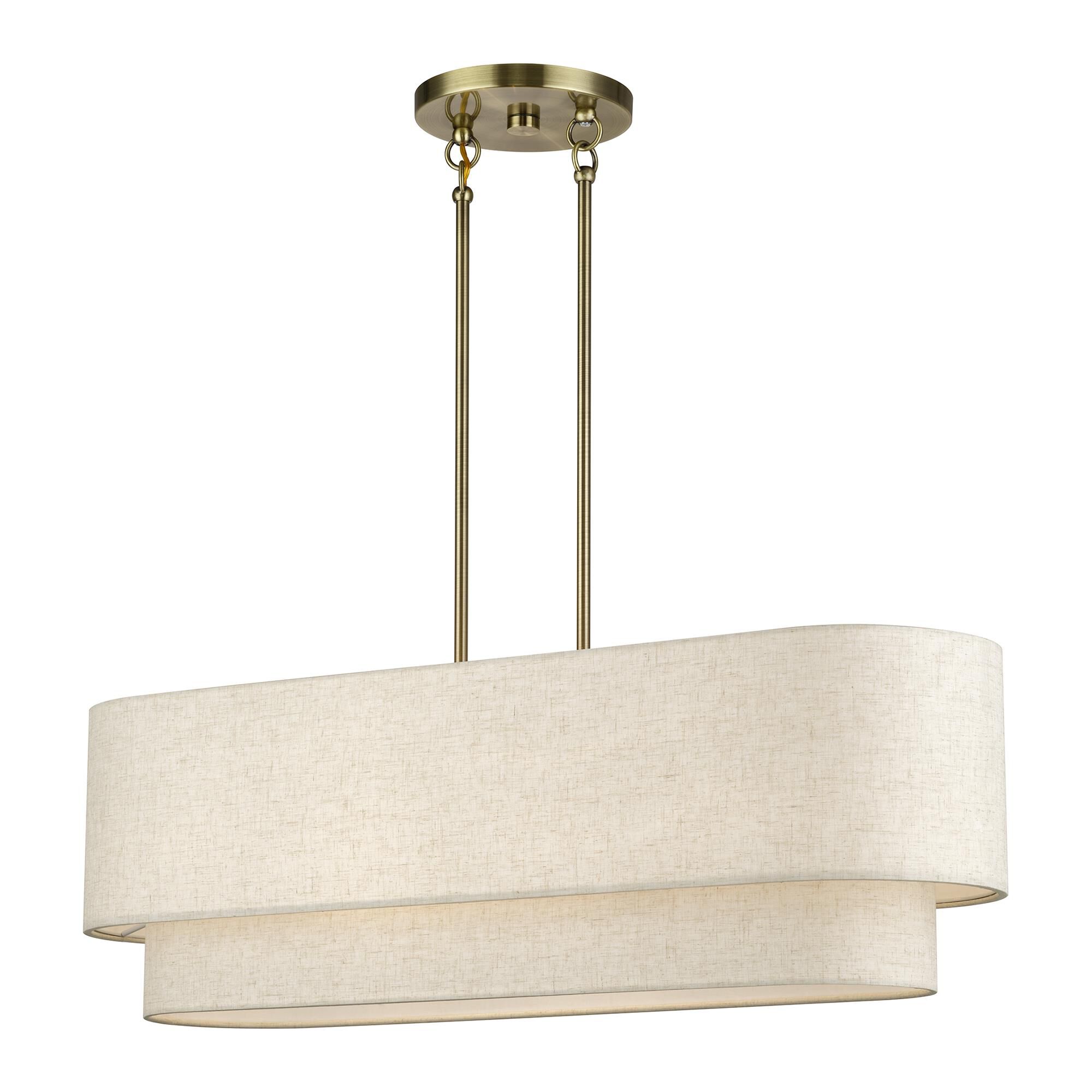 Shown in Antique Brass finish and Hand Crafted Oatmeal Color Fabric with White Color Inside shade