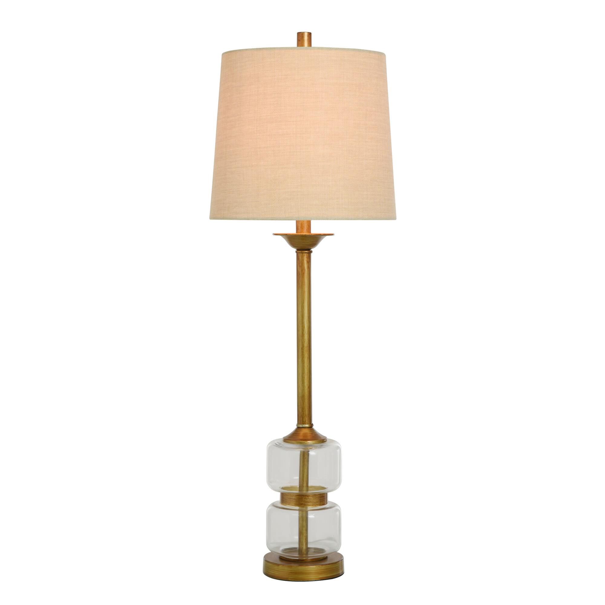 Shown in Clear And Gold finish and Beige Hardback Fabric shade