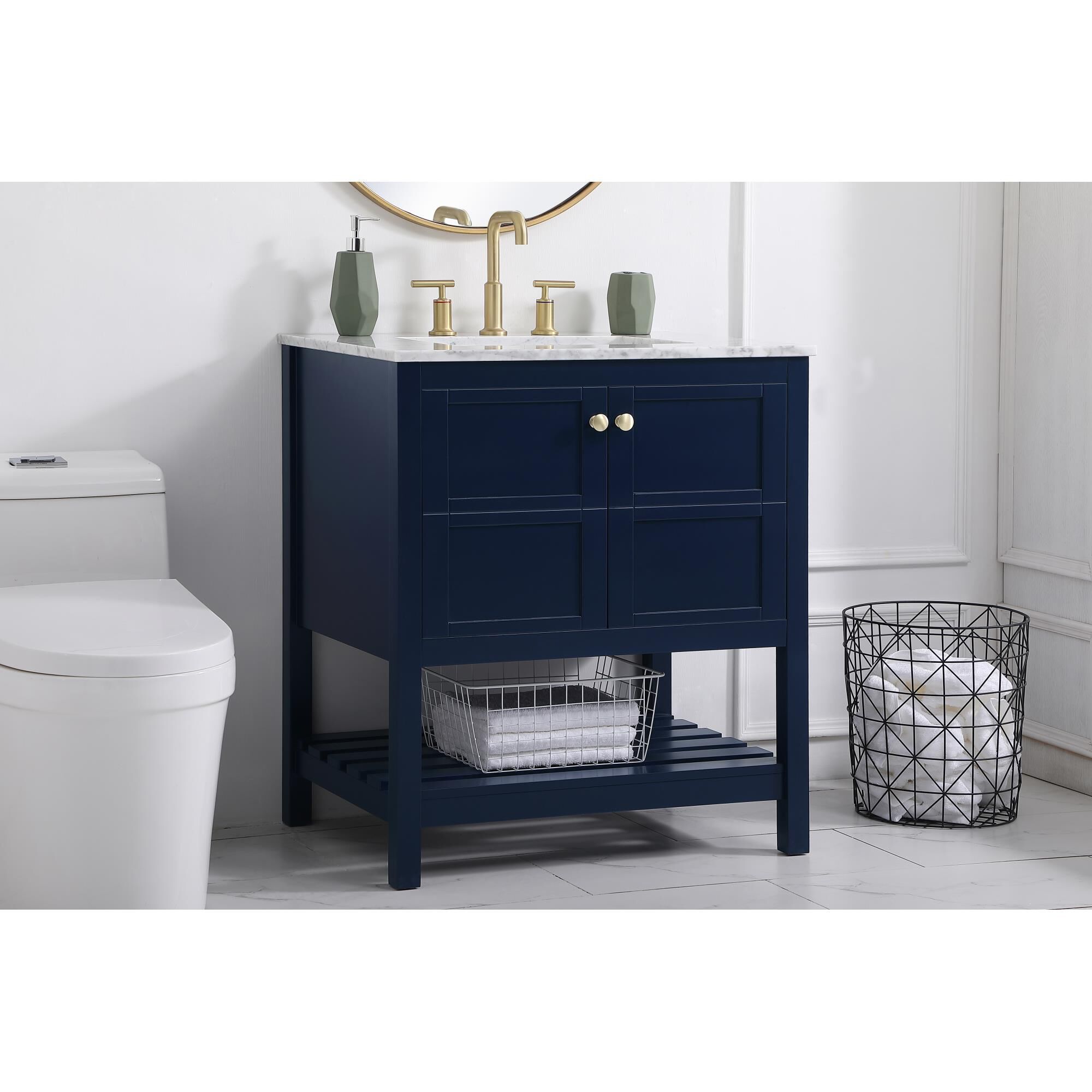 Shown in Blue And Gold With Carrara White Marble finish