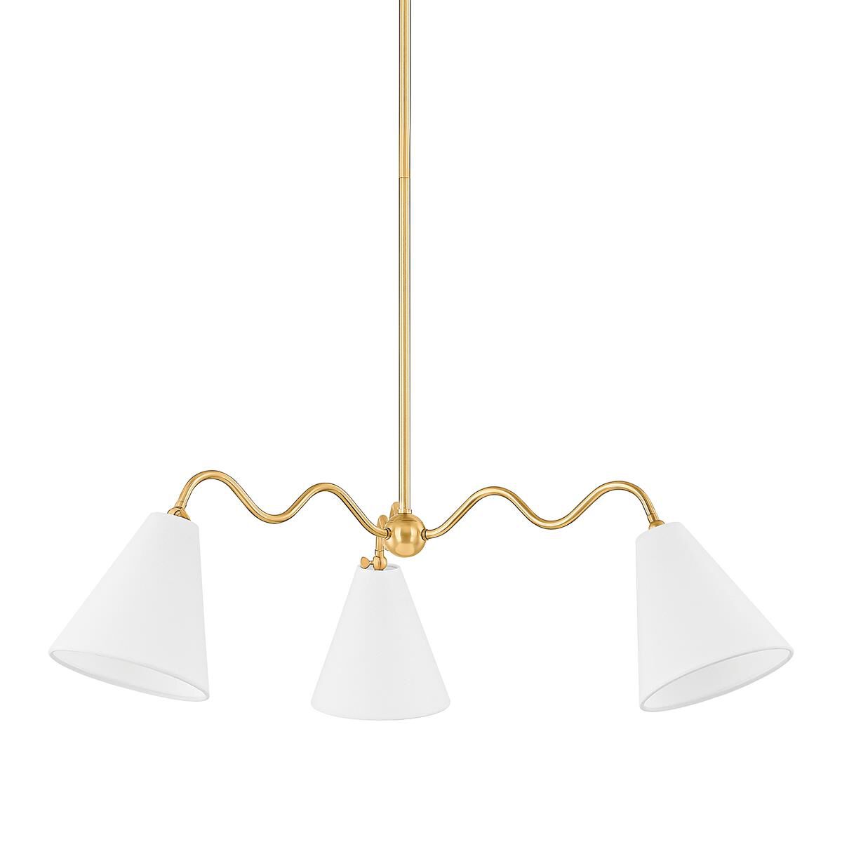 Shown in Aged Brass finish and White Linen shade