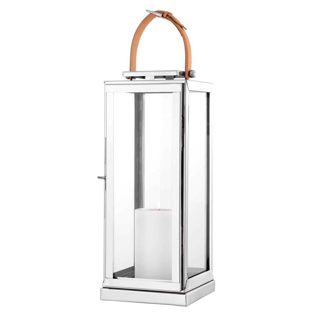 Shown in Nickel, Clear Glass, Tan Leather finish