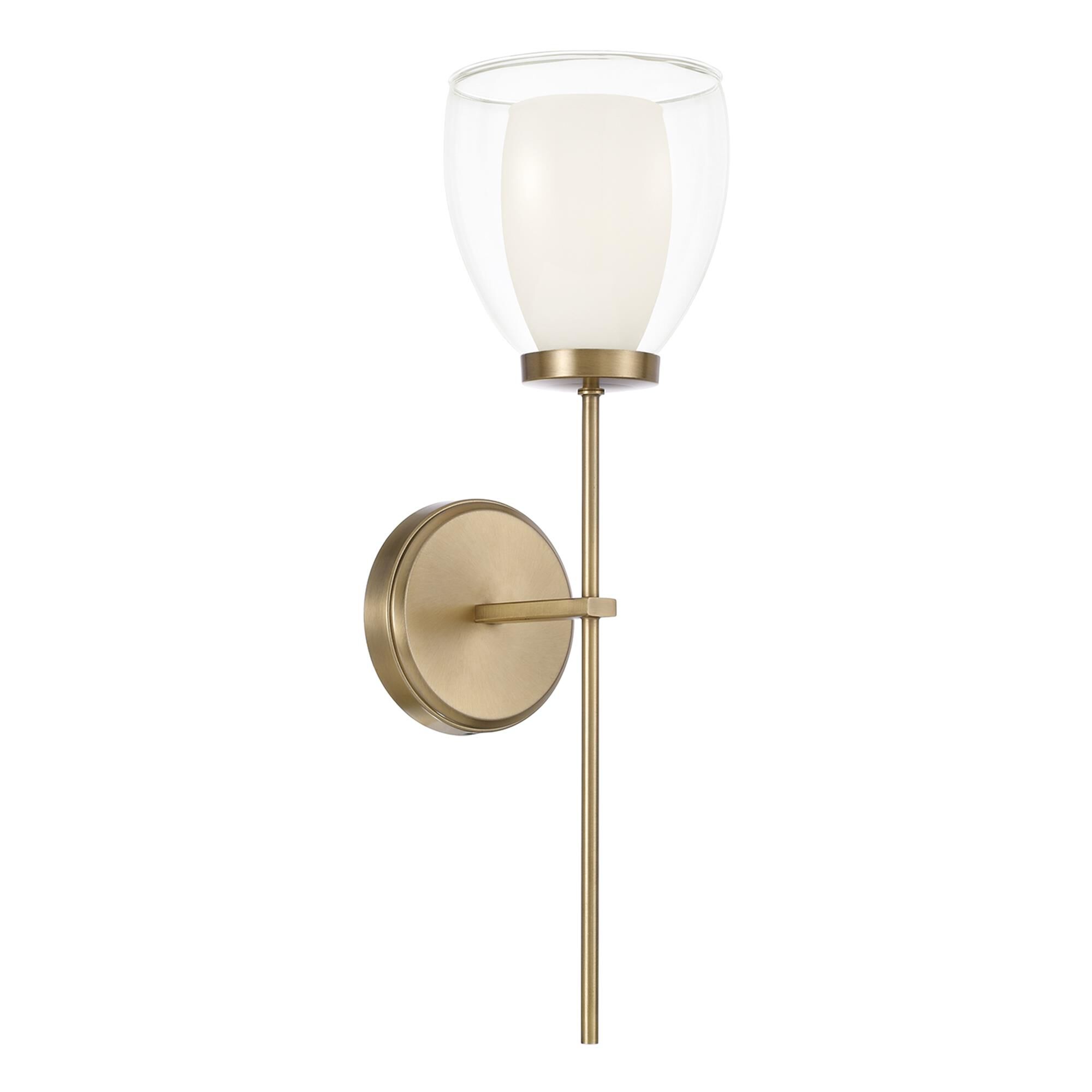 Shown in Aged Brass finish and Layered White And Clear glass